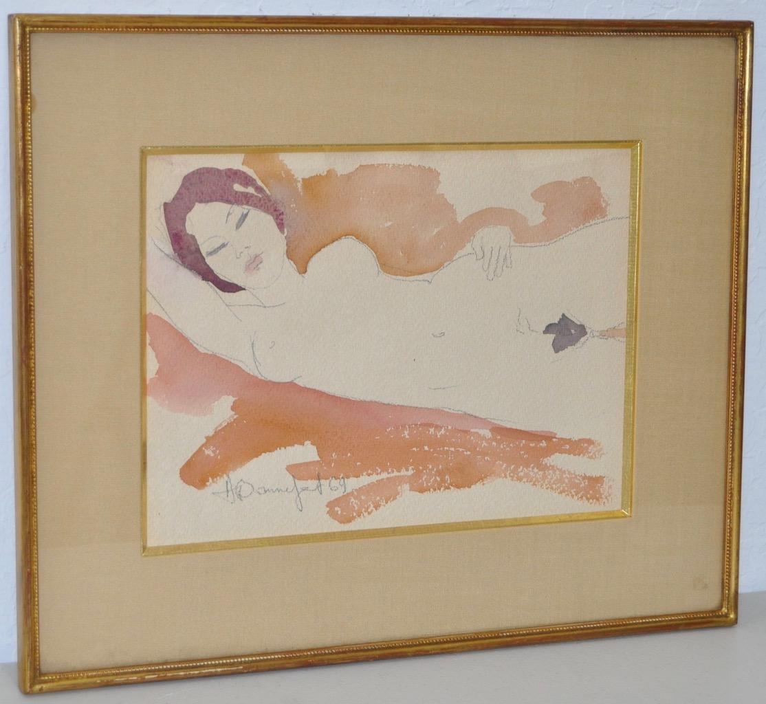 Figural Nude Watercolor by French Artist Alain BONNEFOIT c.1969

Alain Bonnefoit (French, b. 1937) paints in an impressionist style. He is known for his figural nude watercolor paintings.

Original watercolor on paper. Dimensions 11