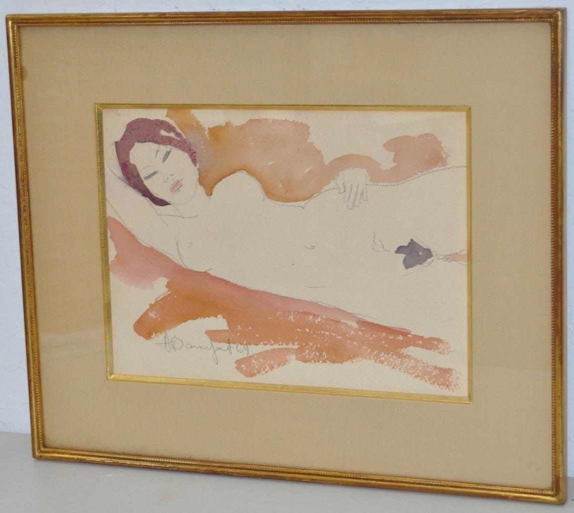 Figural Nude Watercolor by French Artist Alain Bonnefoit c.1969 1