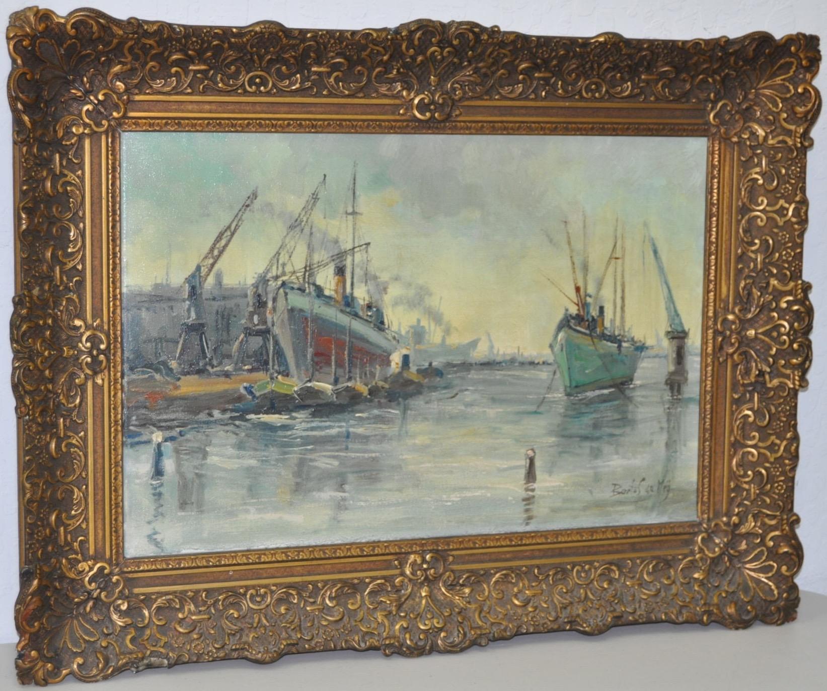 Bertus De Meij Landscape Painting -  Bertus de Meij  Original Oil Painting "Dutch Harbor" c.1940s