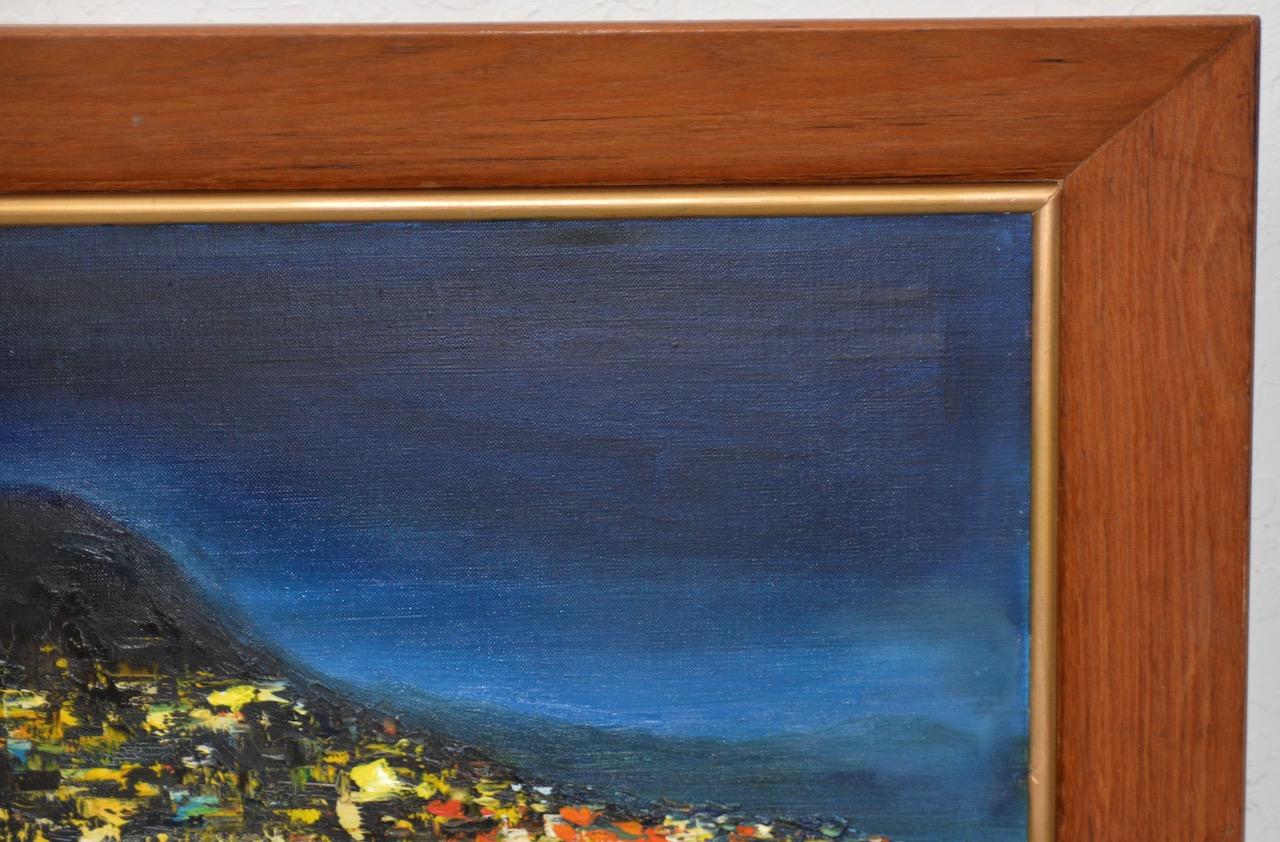 Hong Kong City Lights at Night by Mak Sun Man c.1960s - Painting by Man Sun Man