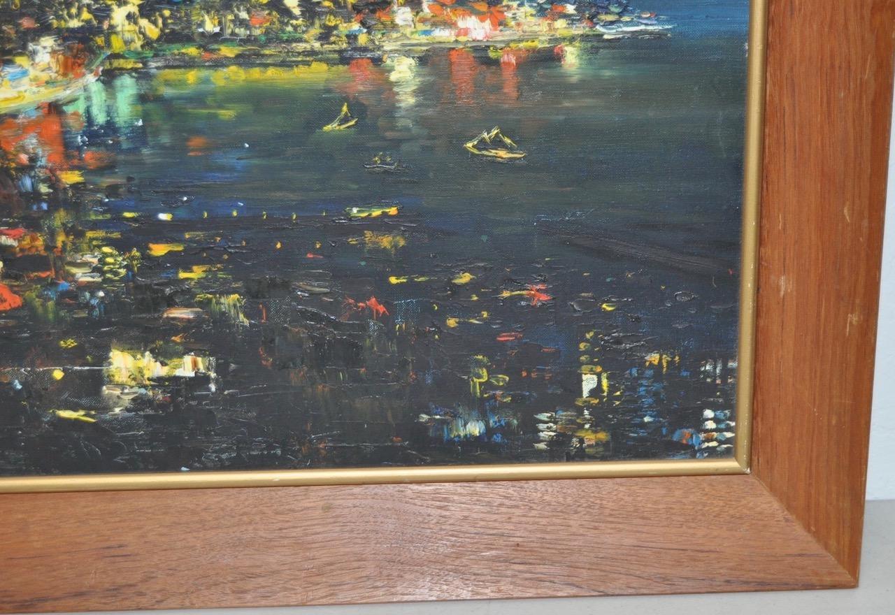 Hong Kong City Lights at Night by Mak Sun Man c.1960s - Impressionist Painting by Man Sun Man
