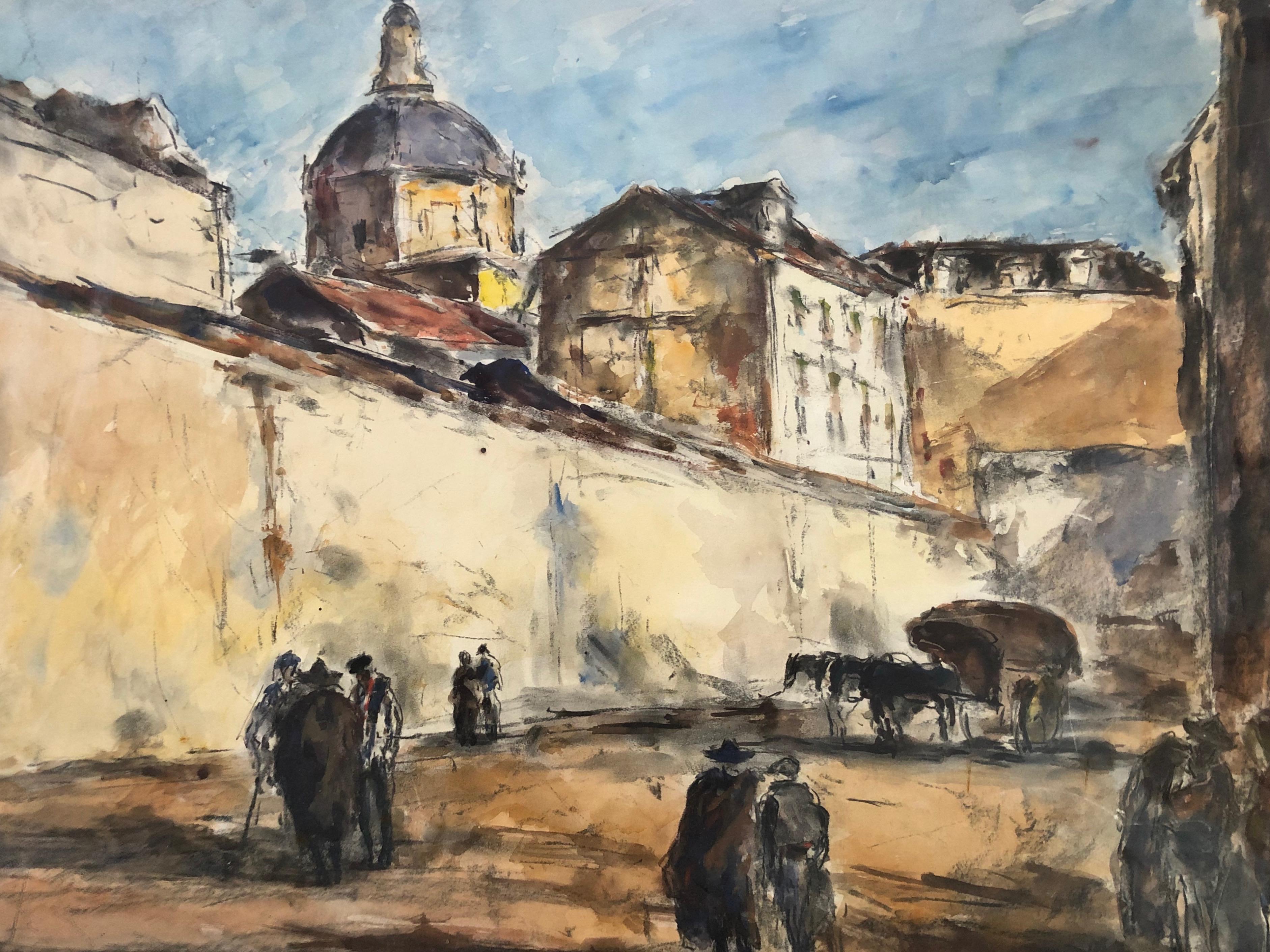Arturo Souto Feijoo (1901-1964) City Walls w/ Figures Original Mixed Media c.1950

Original pastel, watercolor and charcoal on paper. Housed in a simple frame. He has auction results for watercolors over $9000.

The mat and backboard are lightly