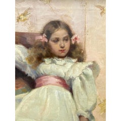 Ellen Starbuck Antique Oil Painting Girl w/ Tambourine 19th c.