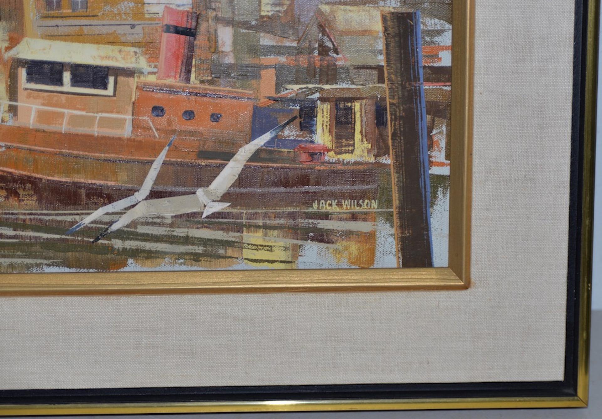 Peinture à l'huile originale de Jack Wilson « Harbor Bustle » (buste de port) vers 1970 en vente 1