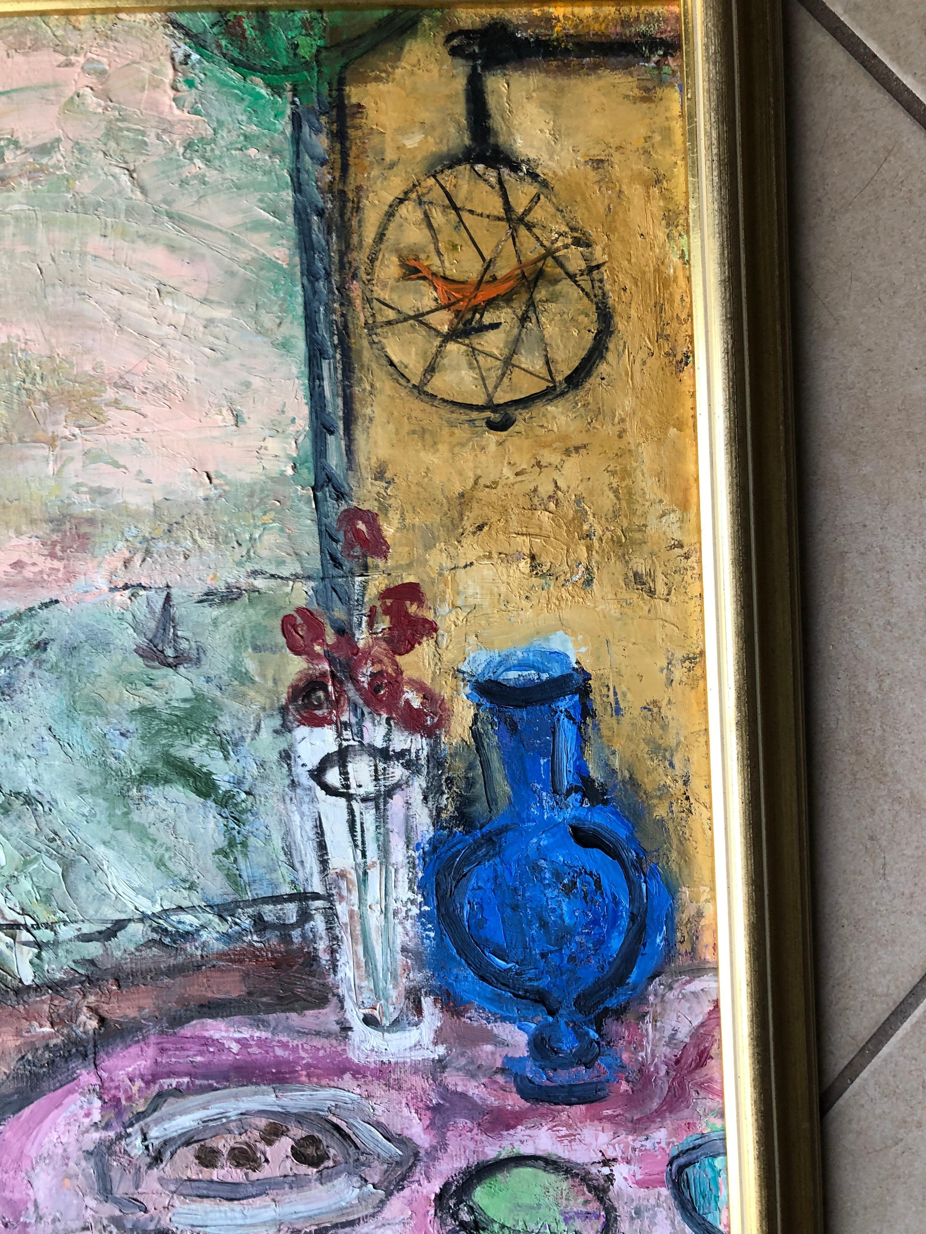 Fabulous painting that reminds me of ones by Raoul Dufy. Harriette Trifon studied art at Pratt and the Art Students League. Painting is oil on canvas measuring 24 inches high by 18 wide and is in excellent original condition. The frame measures 27