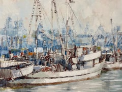 Anton Sipos Vista del puerto de California Pintura al óleo original c.1980