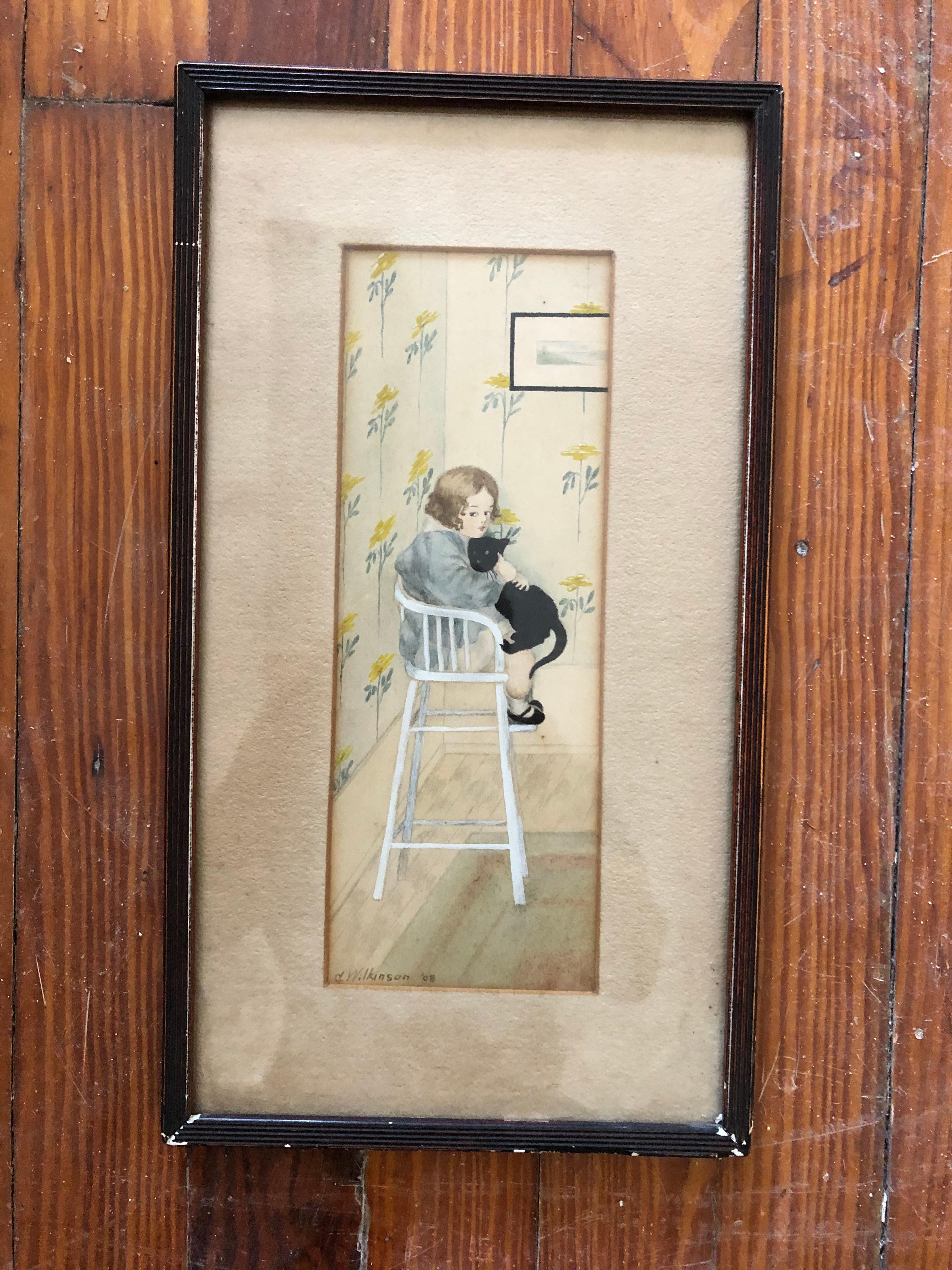 Adorable antique watercolor by British artist Charles Wilkinson. He has auction records over $2000 for a watercolor.  This little gem shows a little girl that has been put in the corner naughty chair, but her loyal kitty is keeping her company.