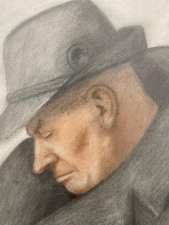 Vintage Charcoal Portrait of a Sleeping Man in an Overcoat c.1940