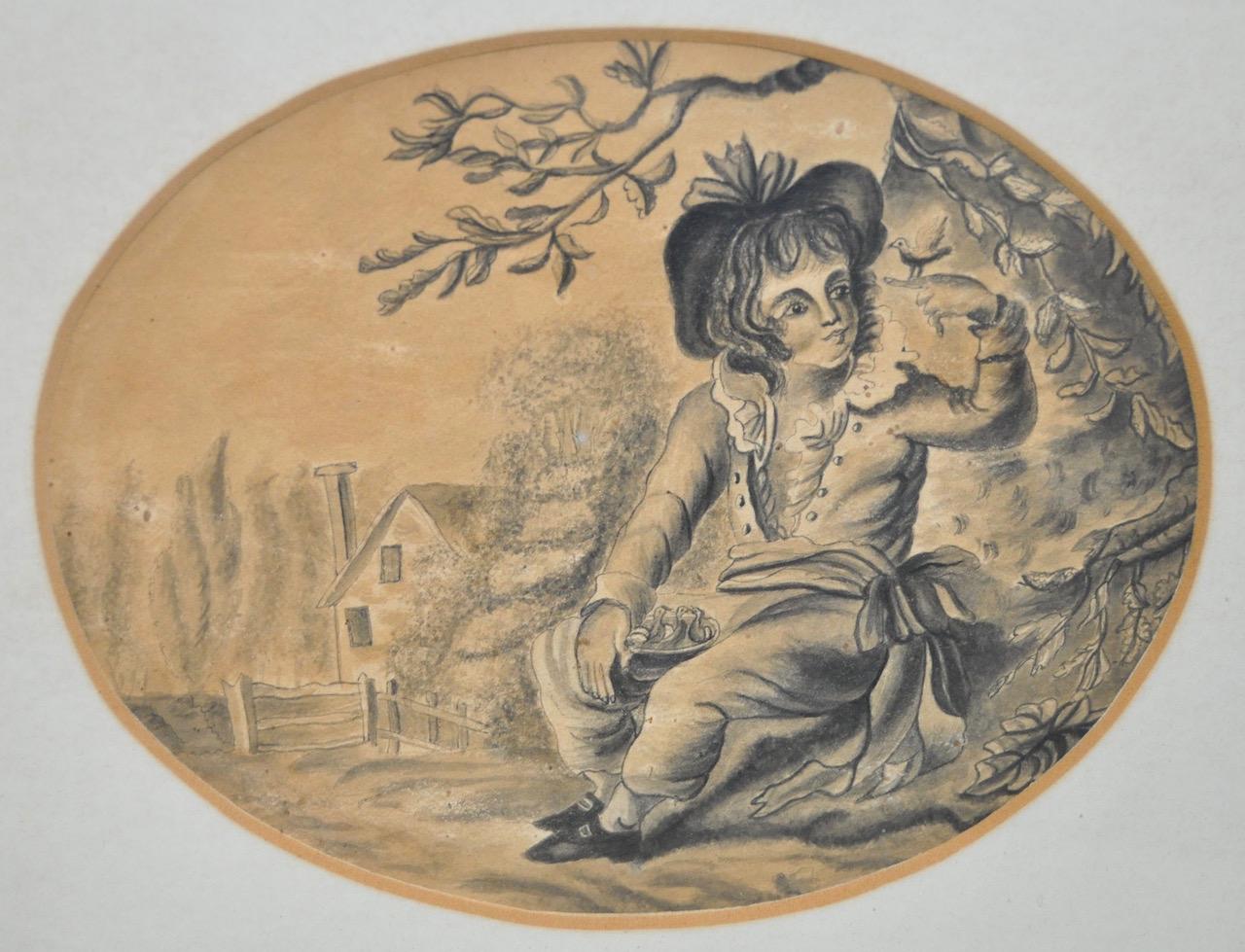 Charming early 19th century Graphite Portrait of a Young Boy with Birds - Art by Unknown