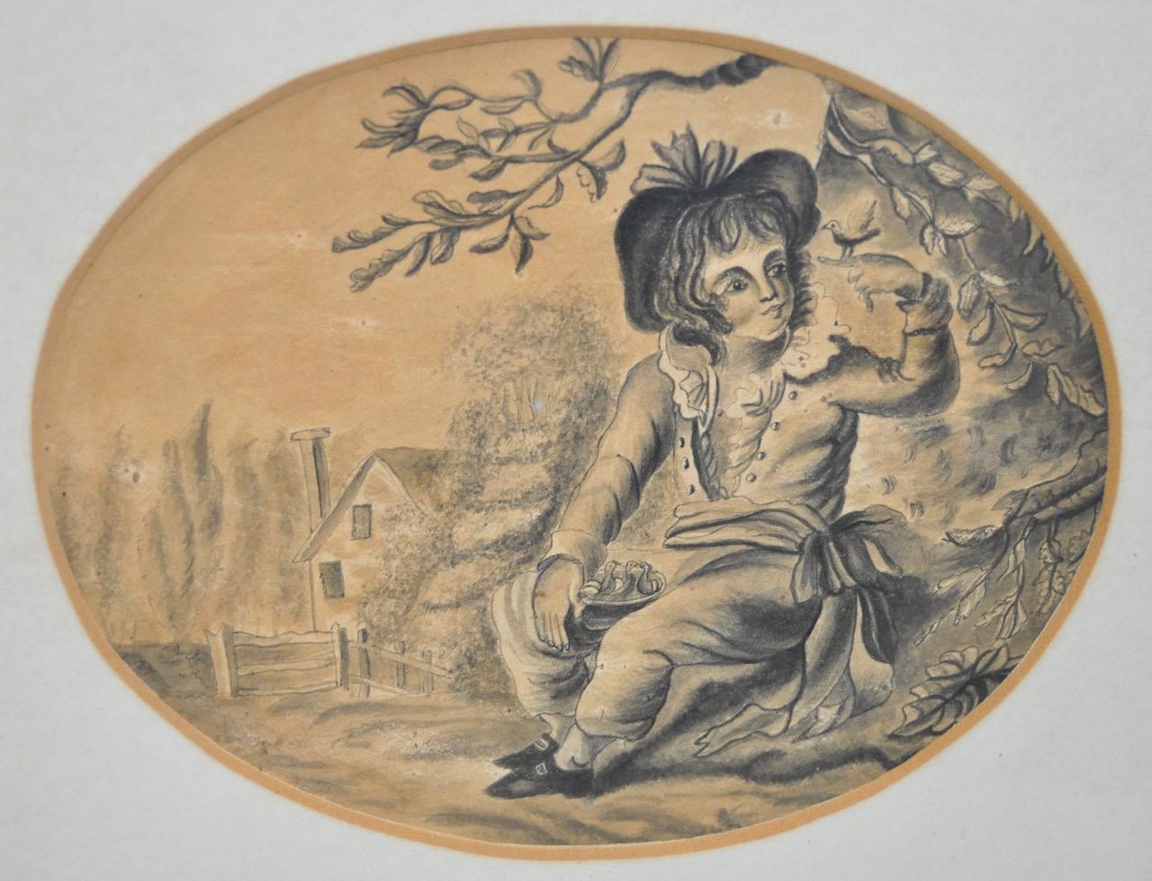 Encantador retrato en grafito de principios del siglo XIX de un joven con pájaros - Art de Unknown