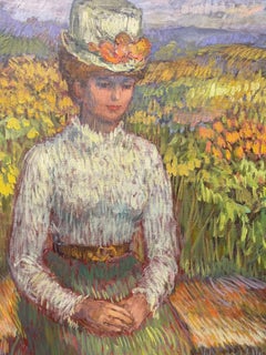 Eva Sikorski "Seated Woman in Garden" Original Oil Painting C.1970
