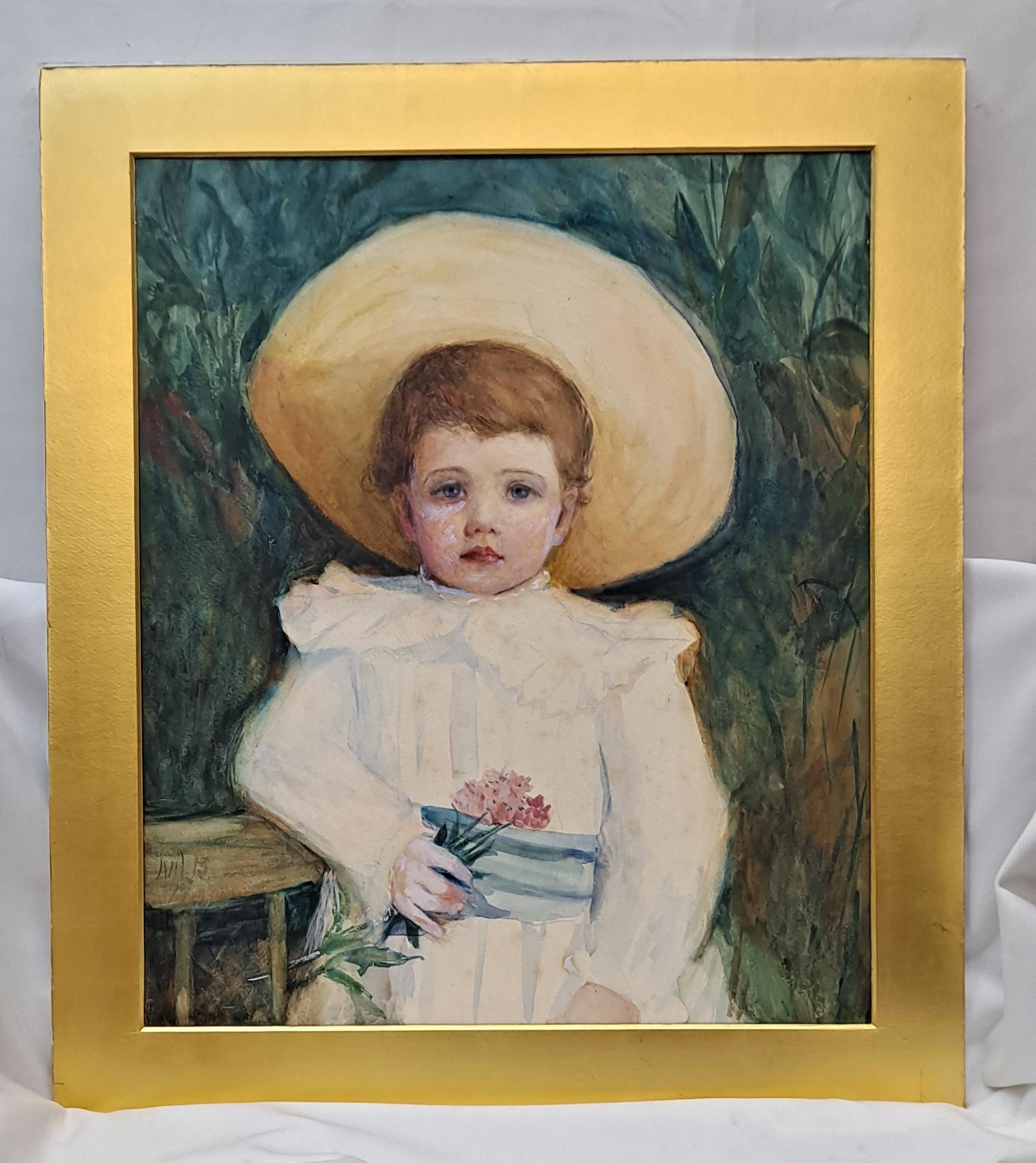 19e s. Aquarelle « Portrait d'un enfant dans une robe blanche » d'après Mary Cassatt - Art de Unknown