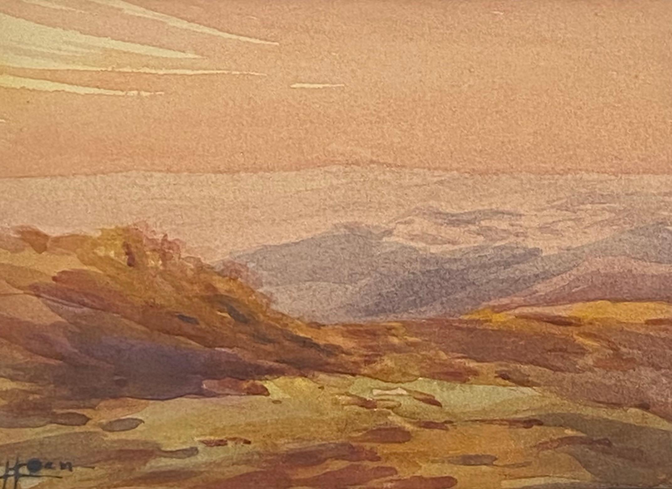Vieille peinture à l'aquarelle - Paysage de coucher de soleil en montagne du désert par L. Hoen - Art de Unknown