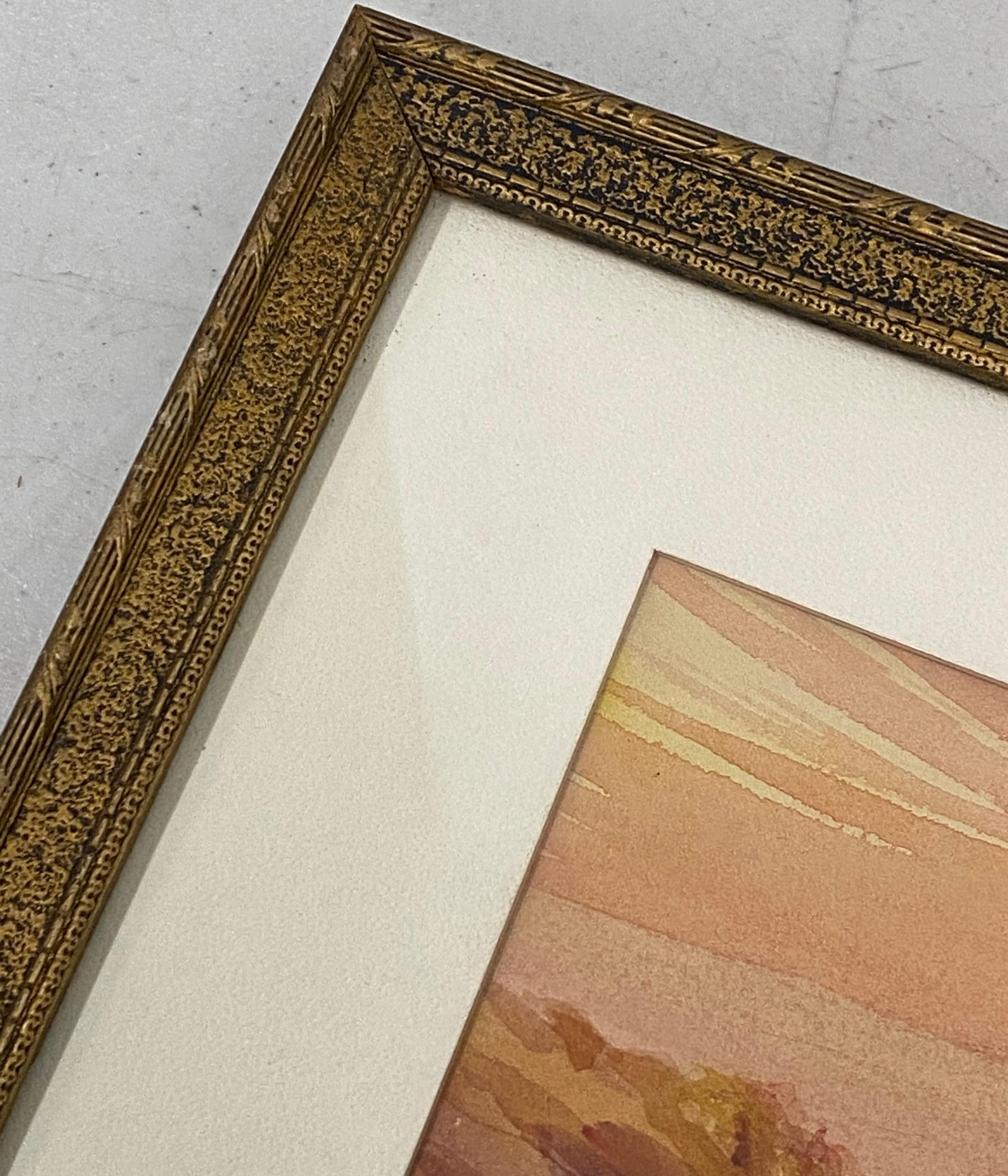 Vieille peinture à l'aquarelle - Paysage de coucher de soleil en montagne du désert par L. Hoen en vente 2