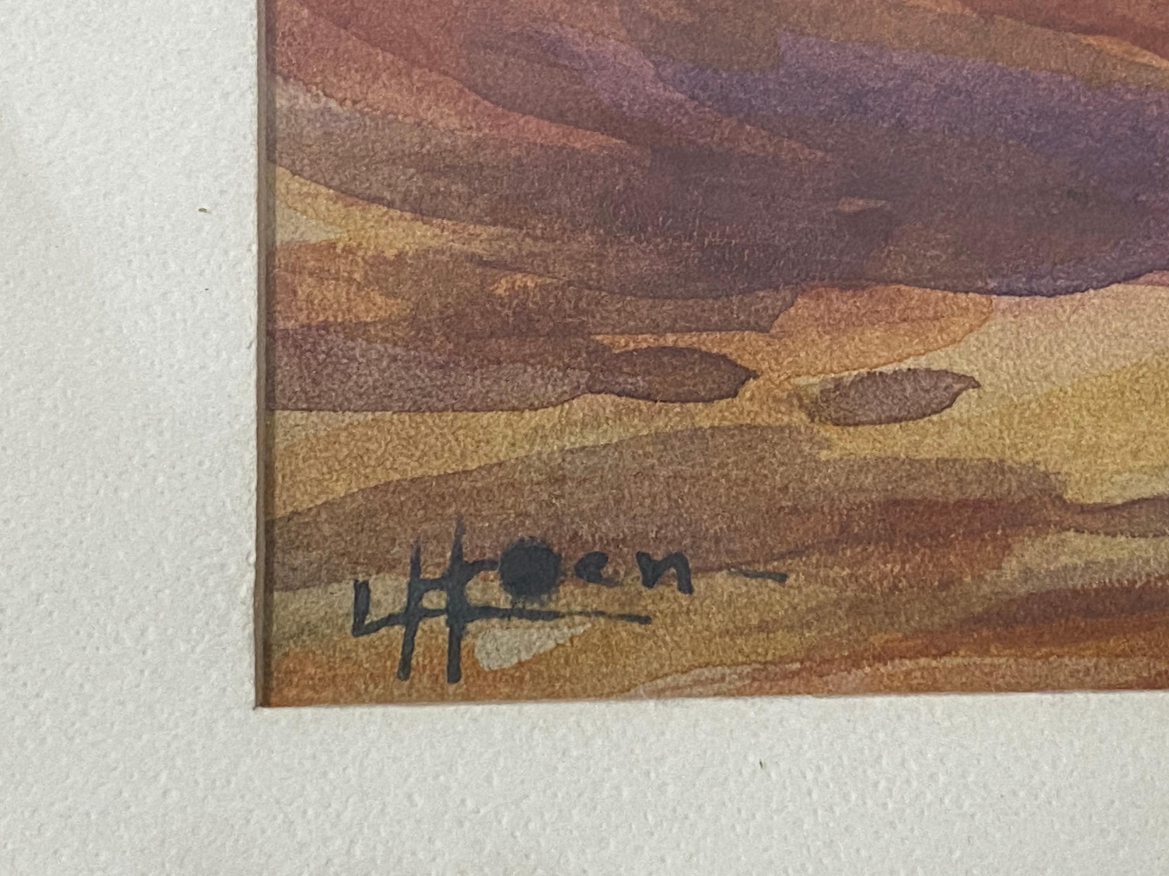 Vieille peinture à l'aquarelle - Paysage de coucher de soleil en montagne du désert par L. Hoen en vente 3
