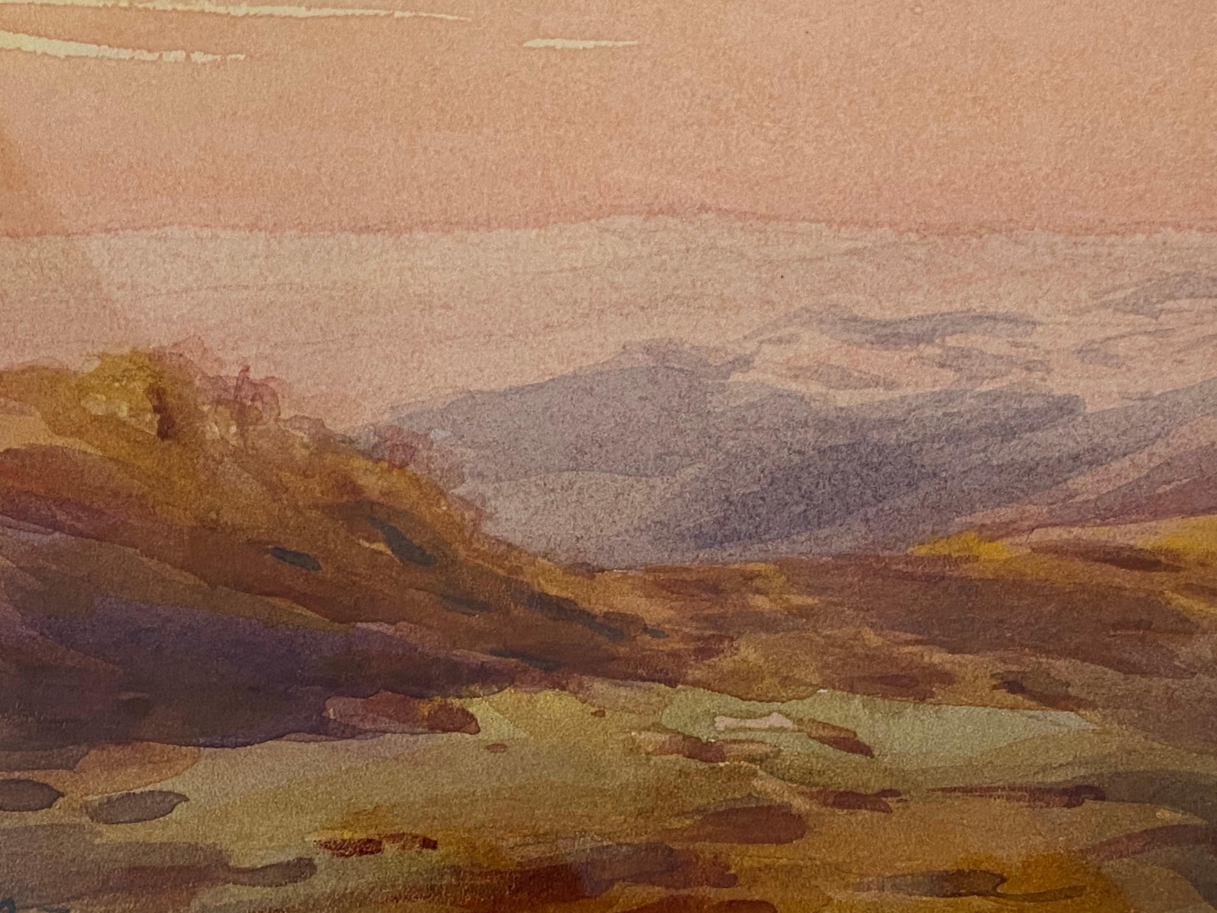 Vintage Desert Mountain Sunset Landscape Watercolor Painting by L. Hoen For Sale 1