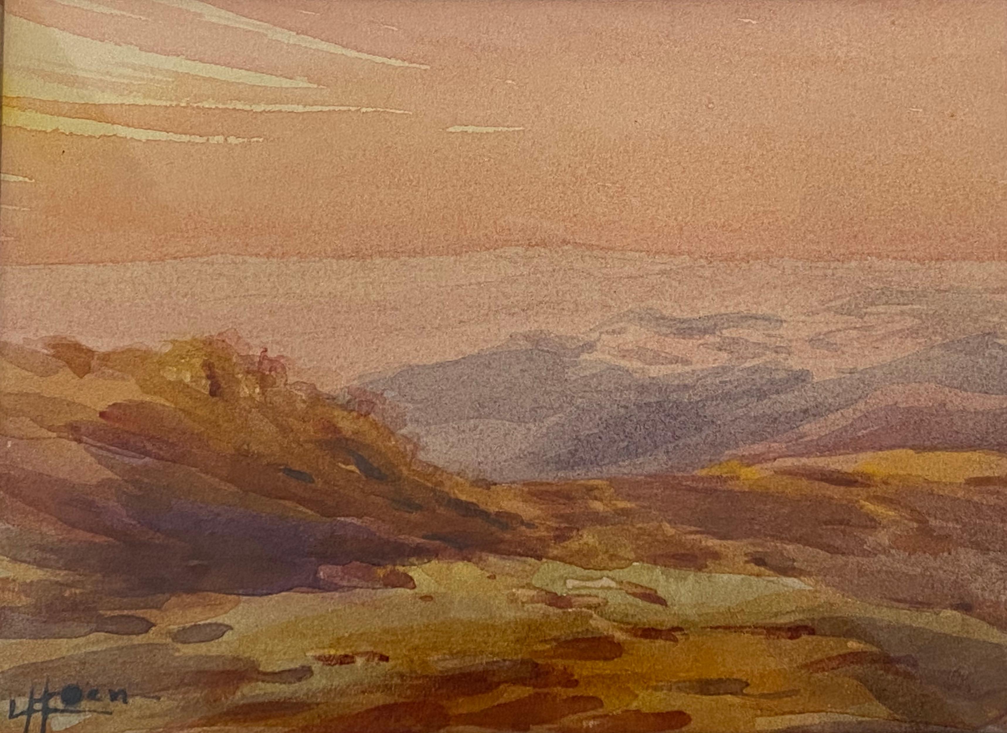 Vieille peinture à l'aquarelle - Paysage de coucher de soleil en montagne du désert par L. Hoen en vente 5