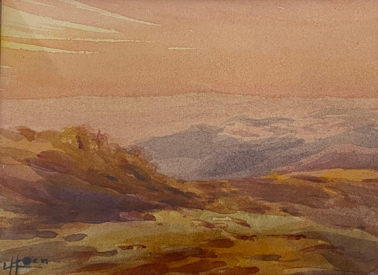Vintage Desert Mountain Sunset Landscape Watercolor Painting by L. Hoen For Sale 5