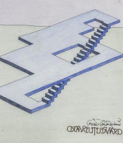 Oscar Reutersvard Original Op Art Pen, Ink & Watercolor Drawing C.1990