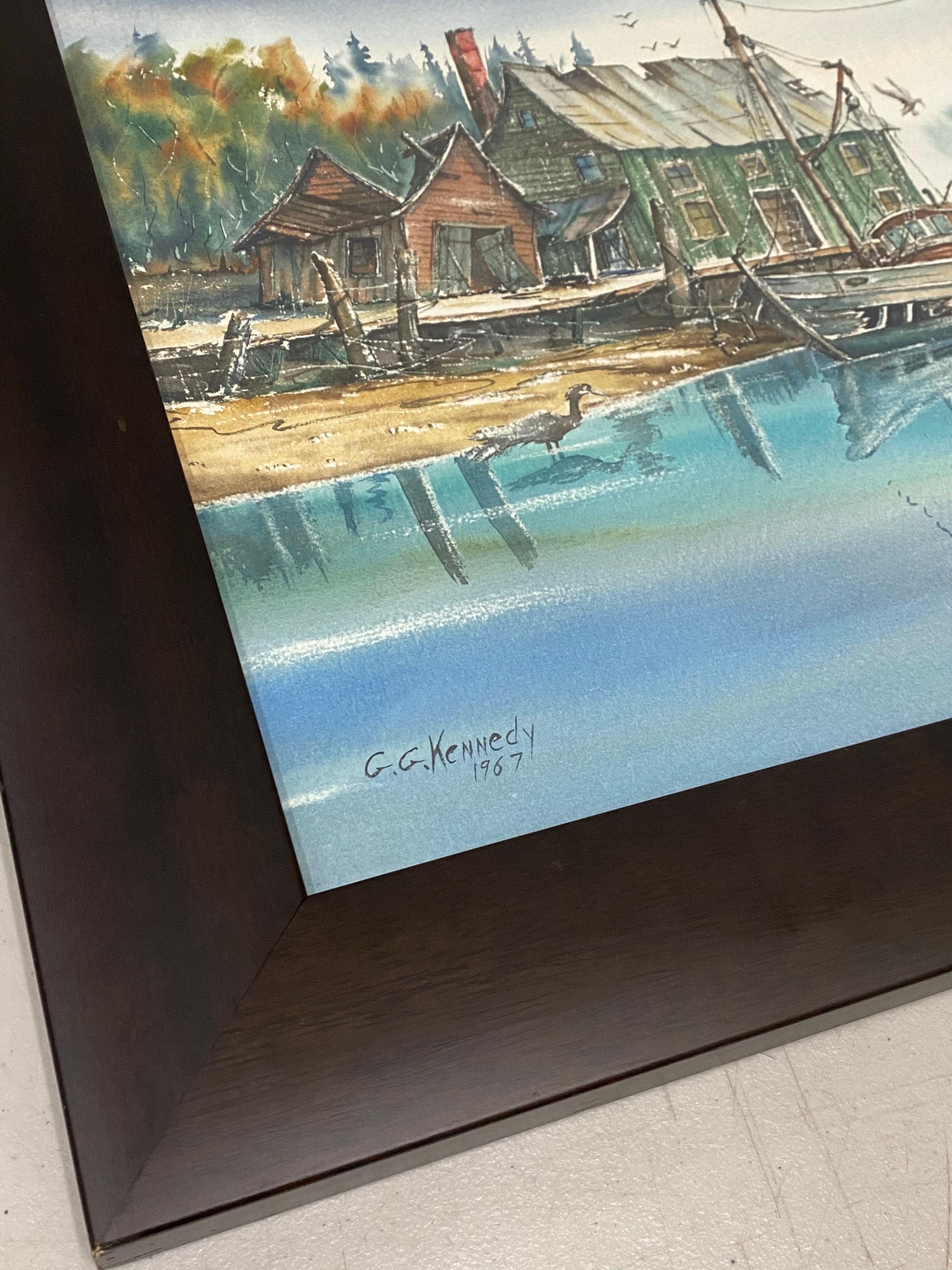 Pacific Northwest Harbor Scene, Original-Aquarell von G.G. Kennedy, ca. 1967 im Angebot 1