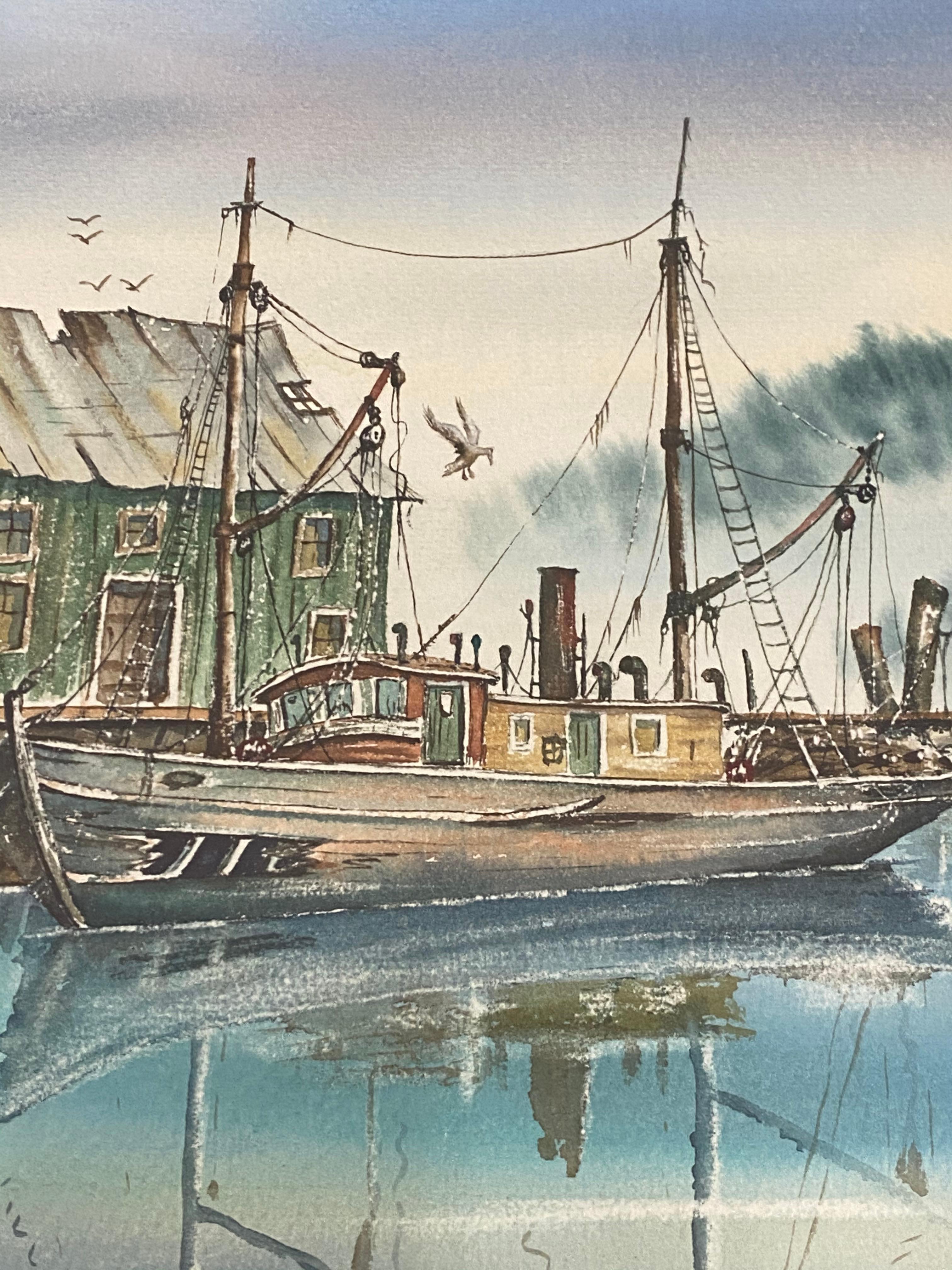 Pacific Northwest Harbor Scene, Original-Aquarell von G.G. Kennedy, ca. 1967 im Angebot 3