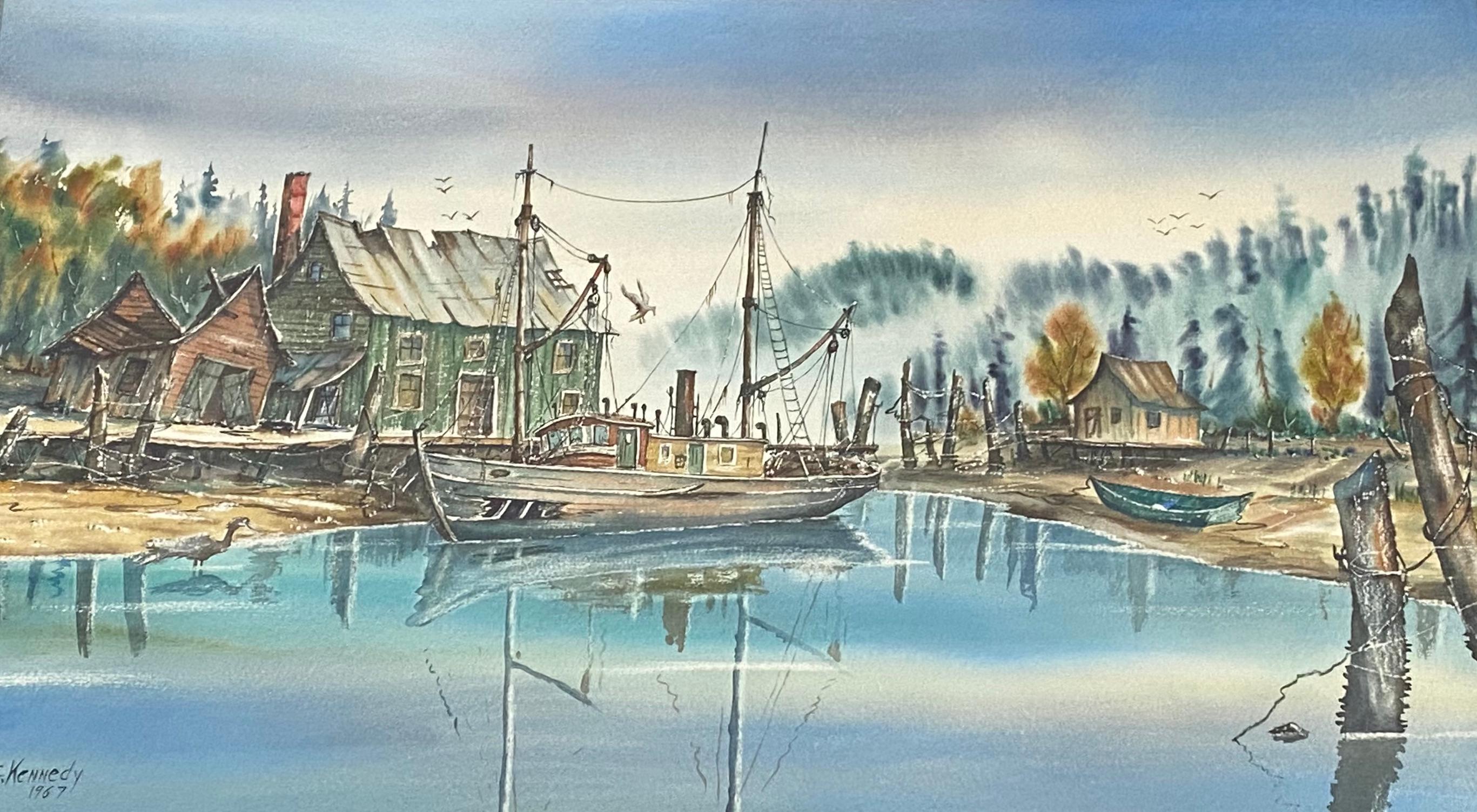 Pacific Northwest Harbor Scene, Original-Aquarell von G.G. Kennedy, ca. 1967 – Art von Unknown