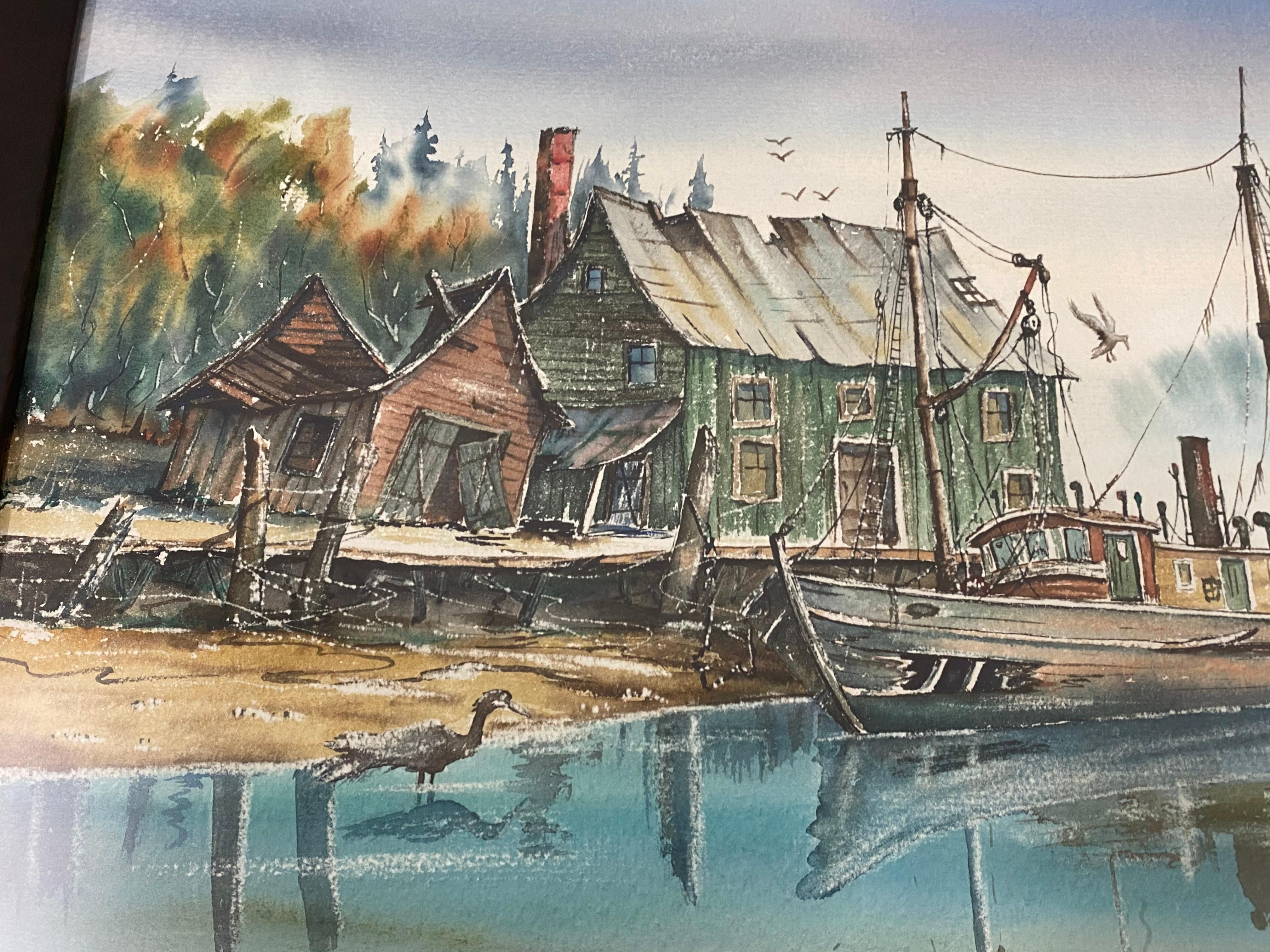 Pacific Northwest Harbor Scene, Original-Aquarell von G.G. Kennedy, ca. 1967 im Angebot 4