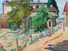 Laura Hoernig New Mexico Landscape with Houses and Figures Oil Painting c.1930s