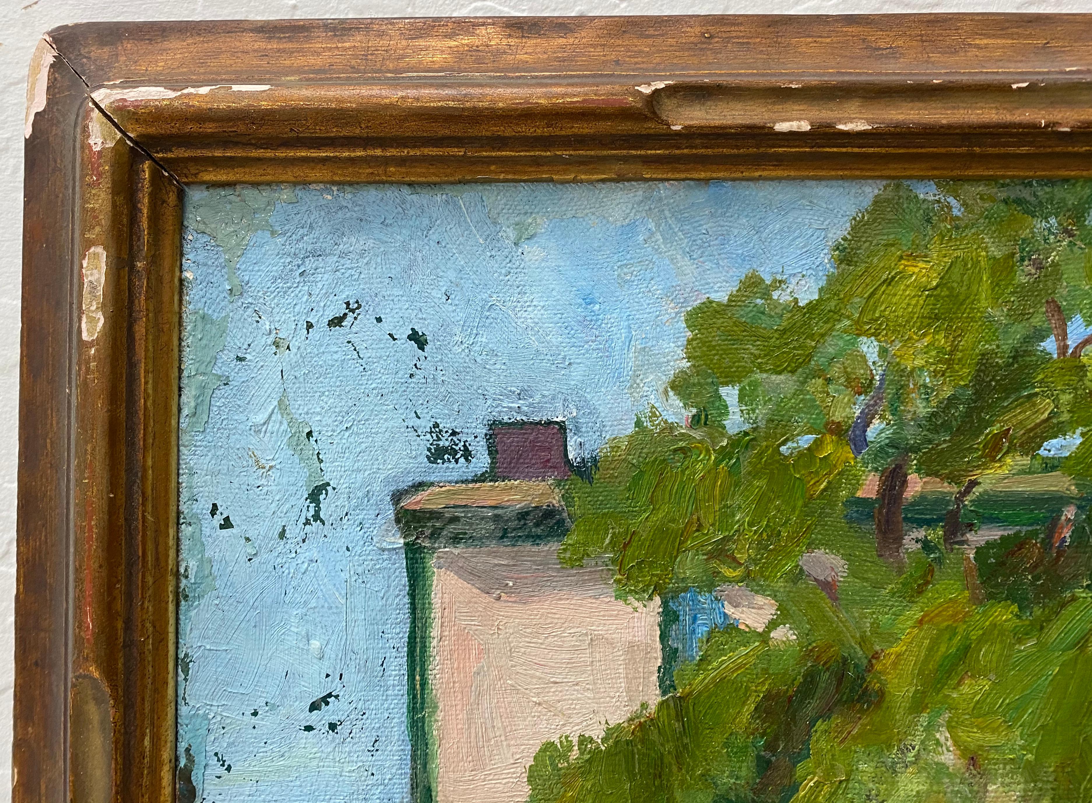Laura Hoernig New Mexico Landscape with Houses and Figures Oil Painting c.1930s For Sale 1