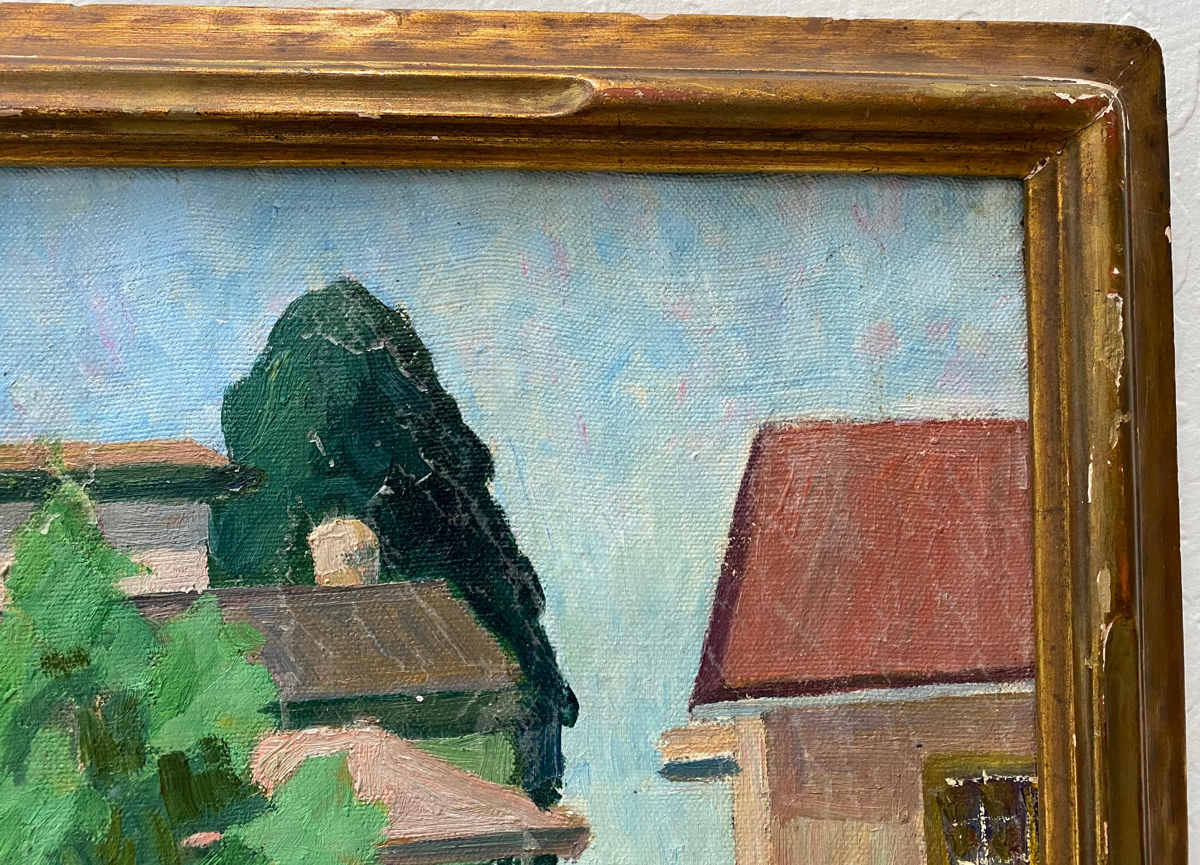 Laura Hoernig New Mexico Landscape with Houses and Figures Oil Painting c.1930s For Sale 2