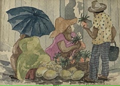 Agnes Gabriel-Regis "Caribbean Market Scene" Original Watercolor c.1990