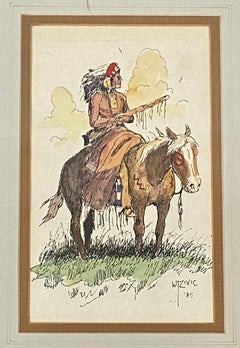 William Zivic Native American Indian on Horseback Original Watercolor c.1985