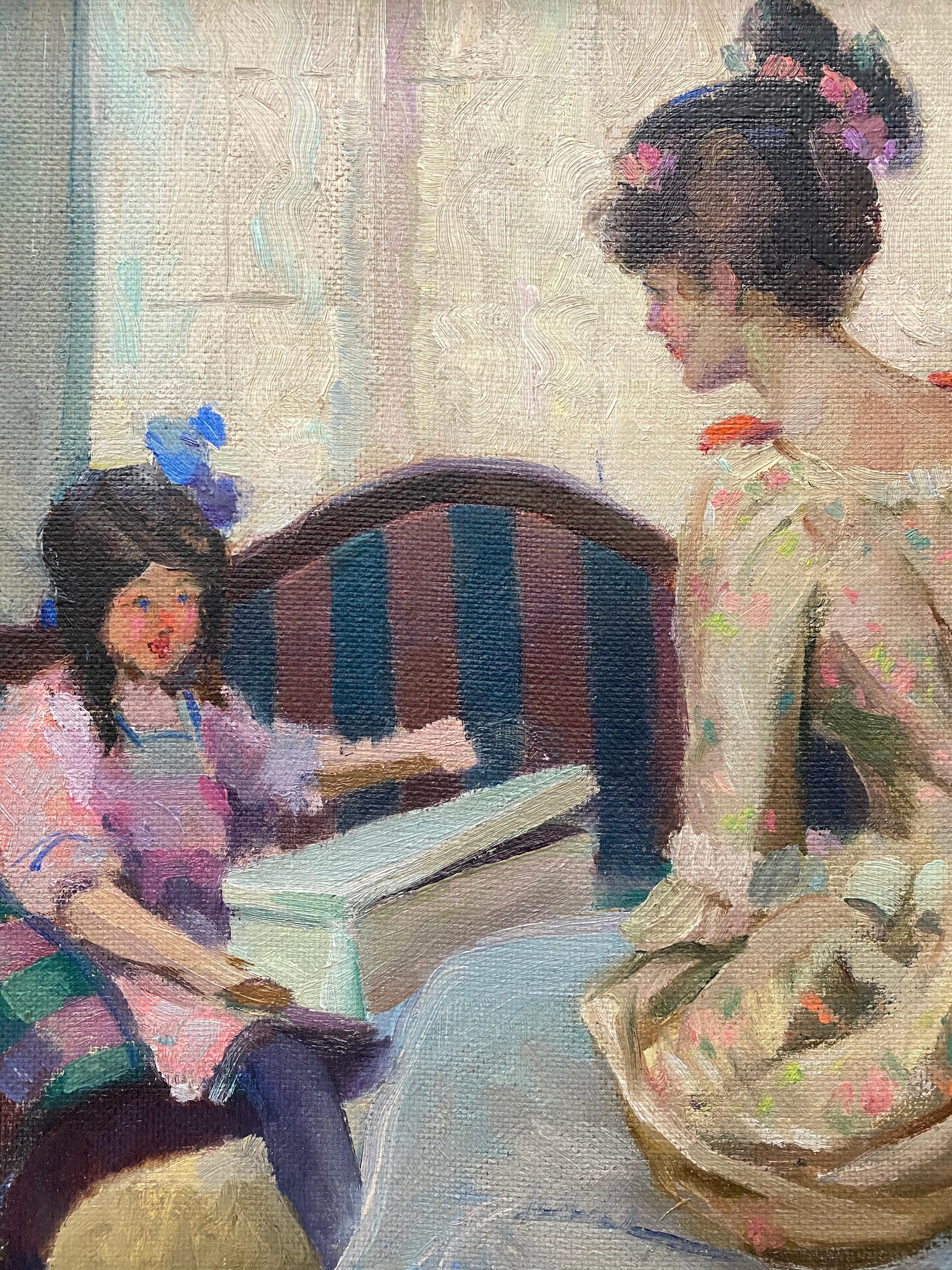 « Mère et fille », peinture à l'huile originale de Henry Charles Hannig datant de 1930 environ en vente 2