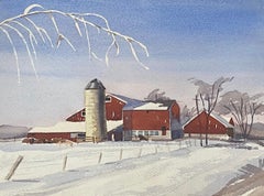Vintage Watercolor of a Red Barn in a Winter Landscape Mid 20th Century
