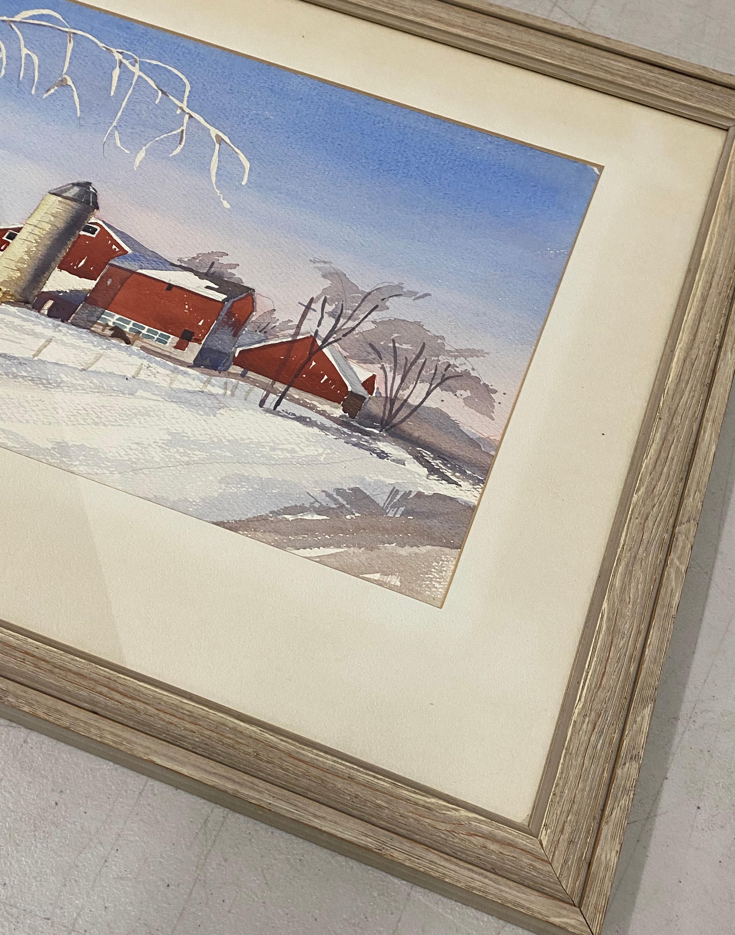 Vintage Watercolor of a Red Barn in a Winter Landscape Mid 20th Century - Impressionist Art by Unknown