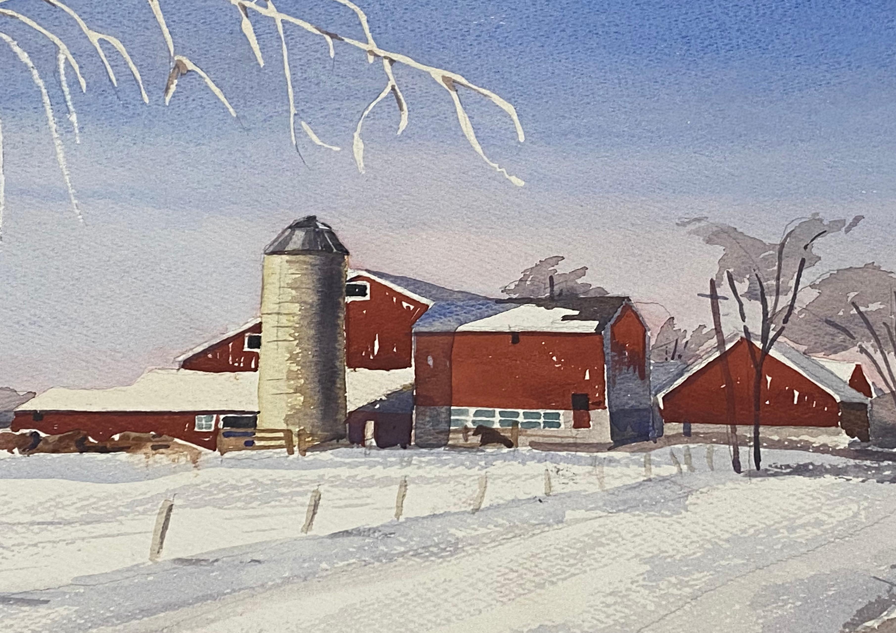 Vintage Watercolor of a Red Barn in a Winter Landscape Mid 20th Century - Gray Landscape Art by Unknown