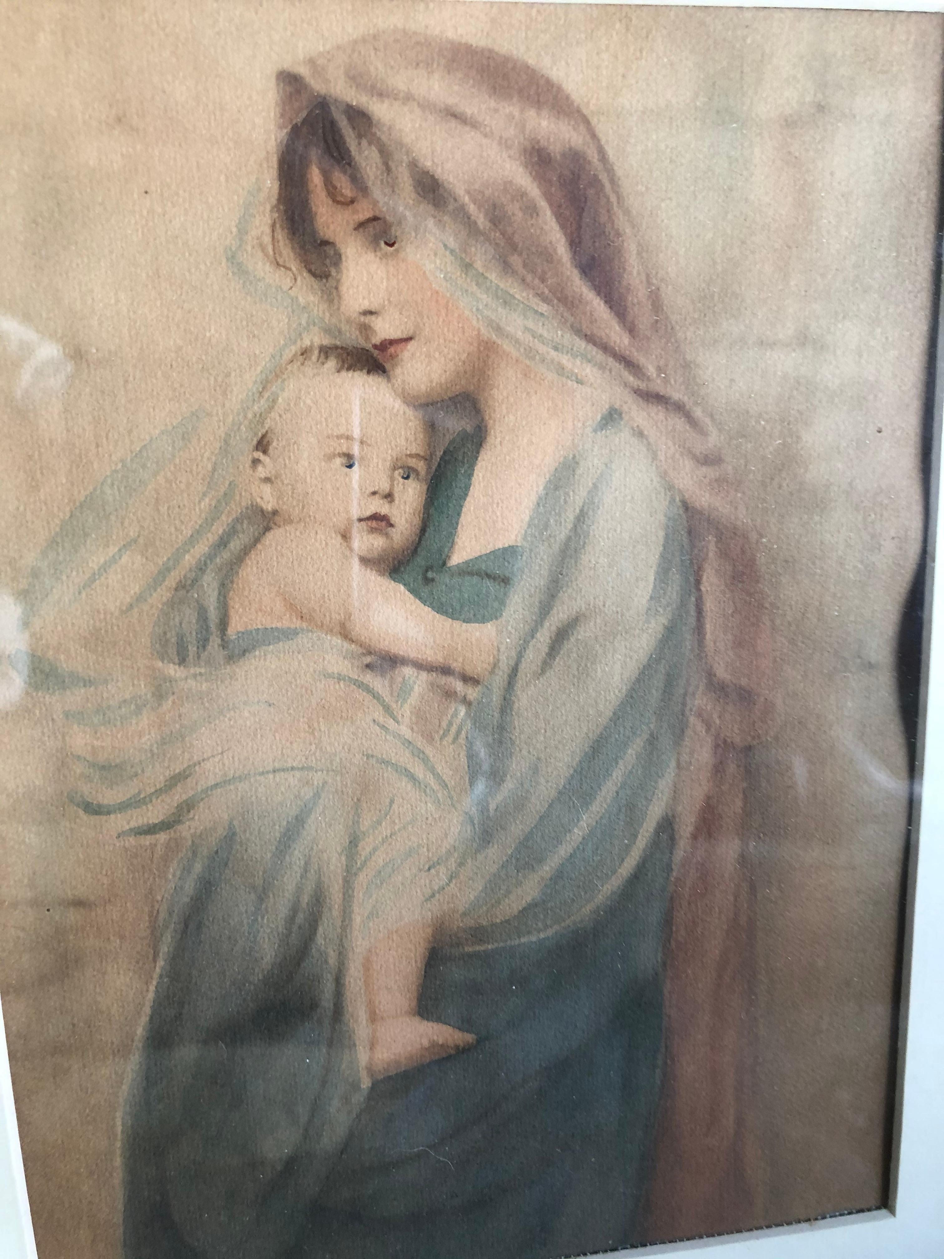 Unknown Figurative Art - 19th Century Watercolor Mother and Child