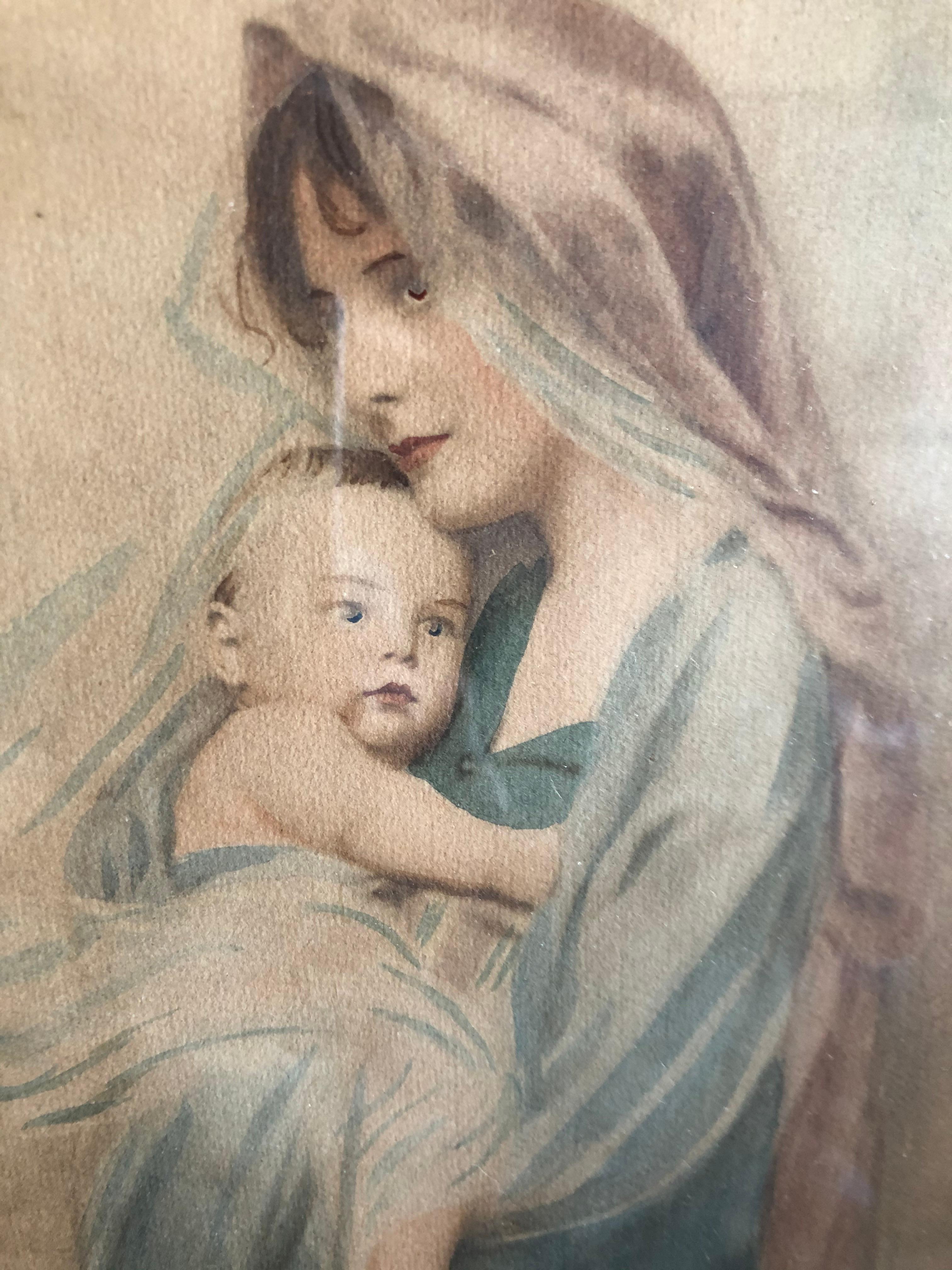 19th Century Watercolor Mother and Child - Art by Unknown