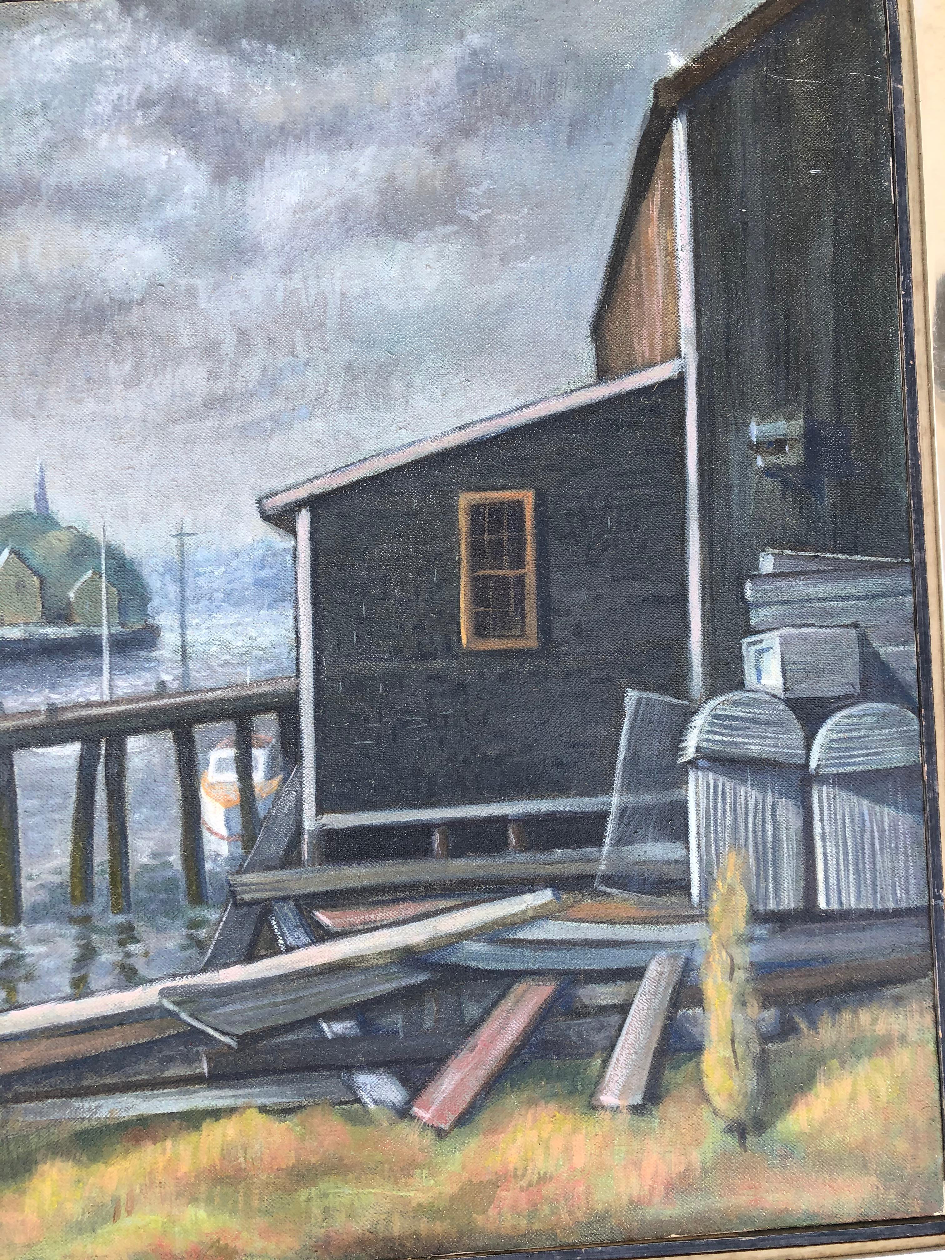 James Bonelli: 1916-2000. Listed American artist from Philadelphia who studied at PAFA. Just a few weeks ago a smaller Gloucester painting by him sold at auction for over $1600. This wonderful harbor scene measures 36 inches wide by 24 high. The