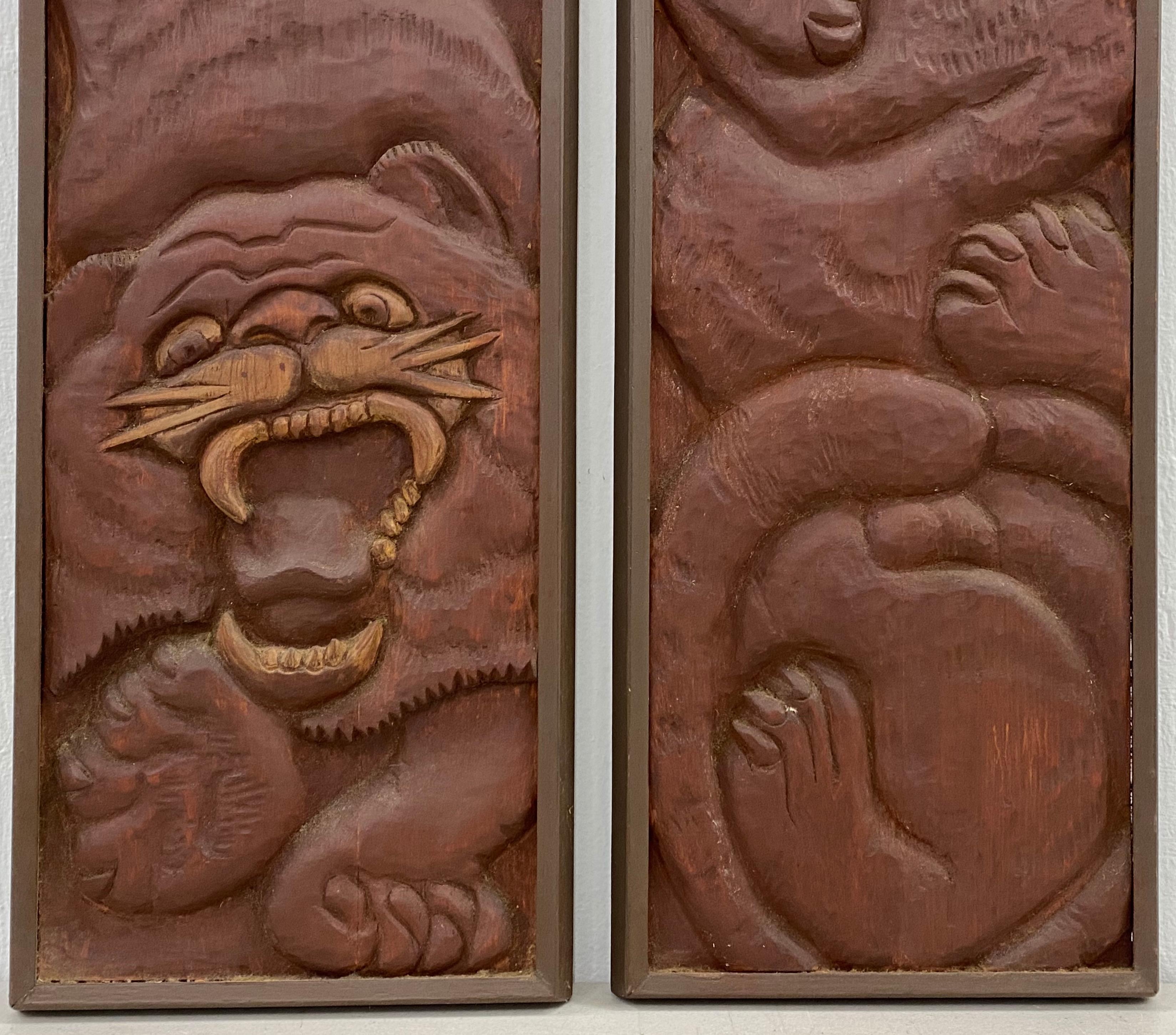 Sculptures murales originales en bois « Two Tigers » de Richard Whalen, vers 1970 en vente 1