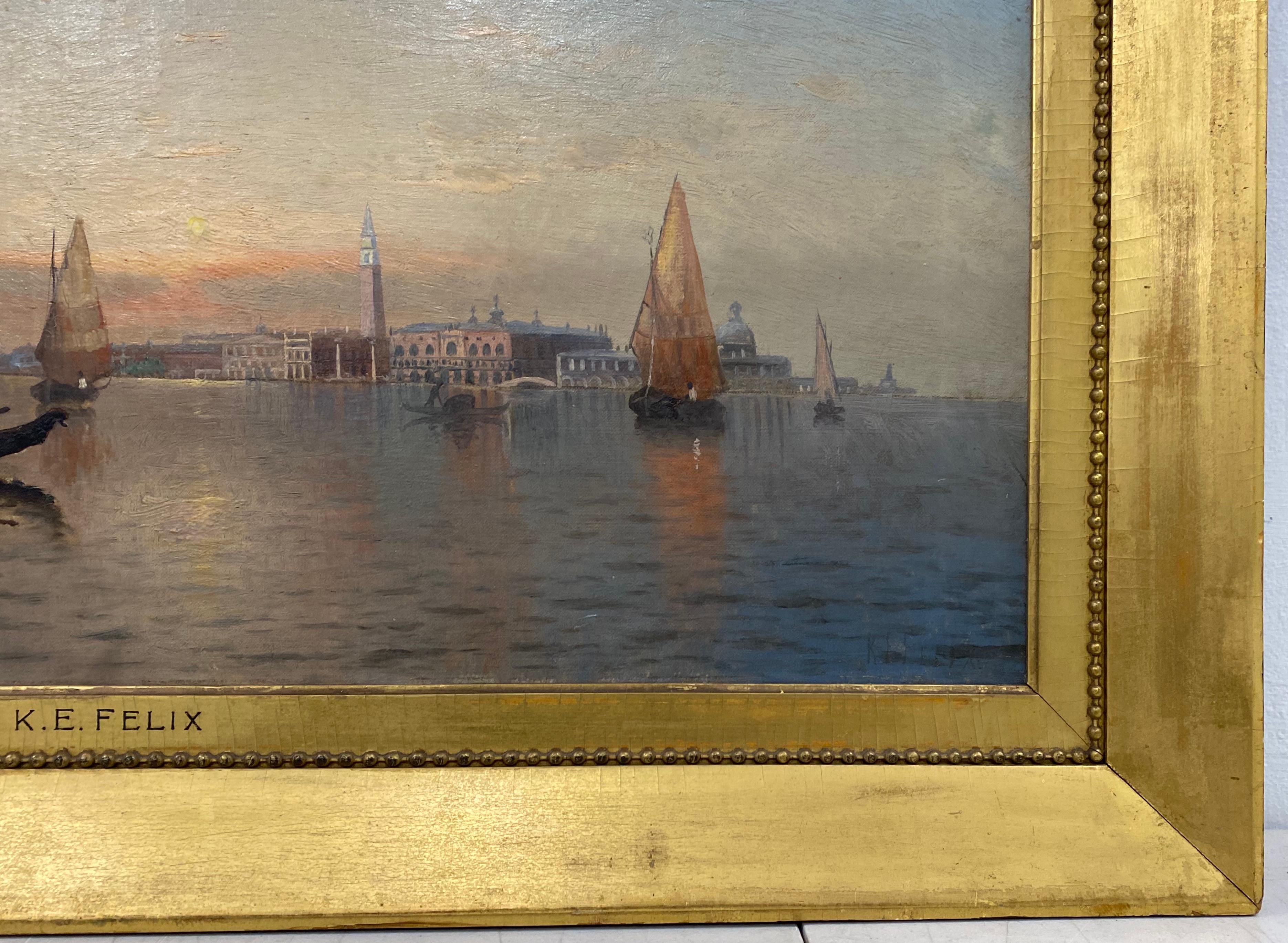 19th C. Karl Eugene Felix View of Venice Italy Original Oil Painting C.1880 3