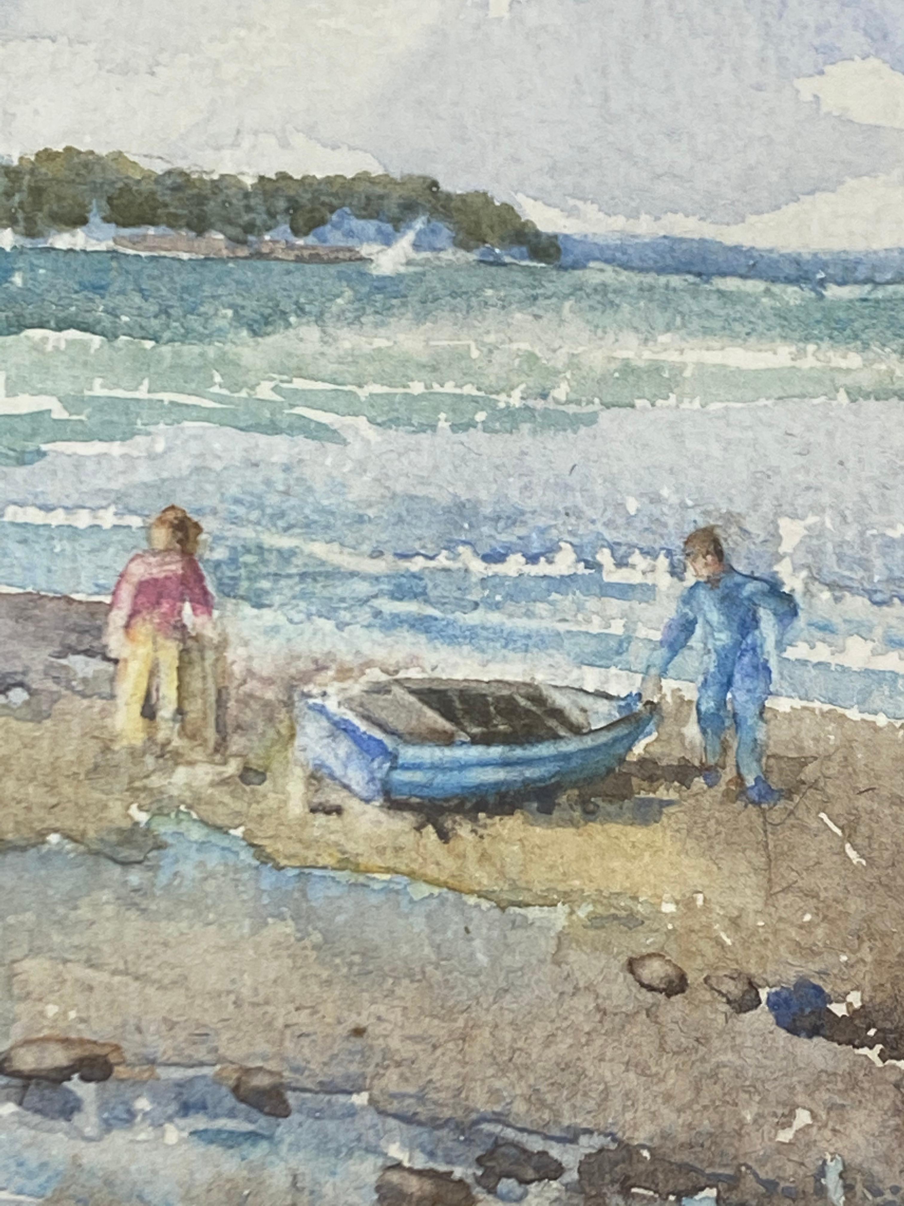 Kathleen Margaret England Low Tide W/ Figures and Boats Original Watercolor  2