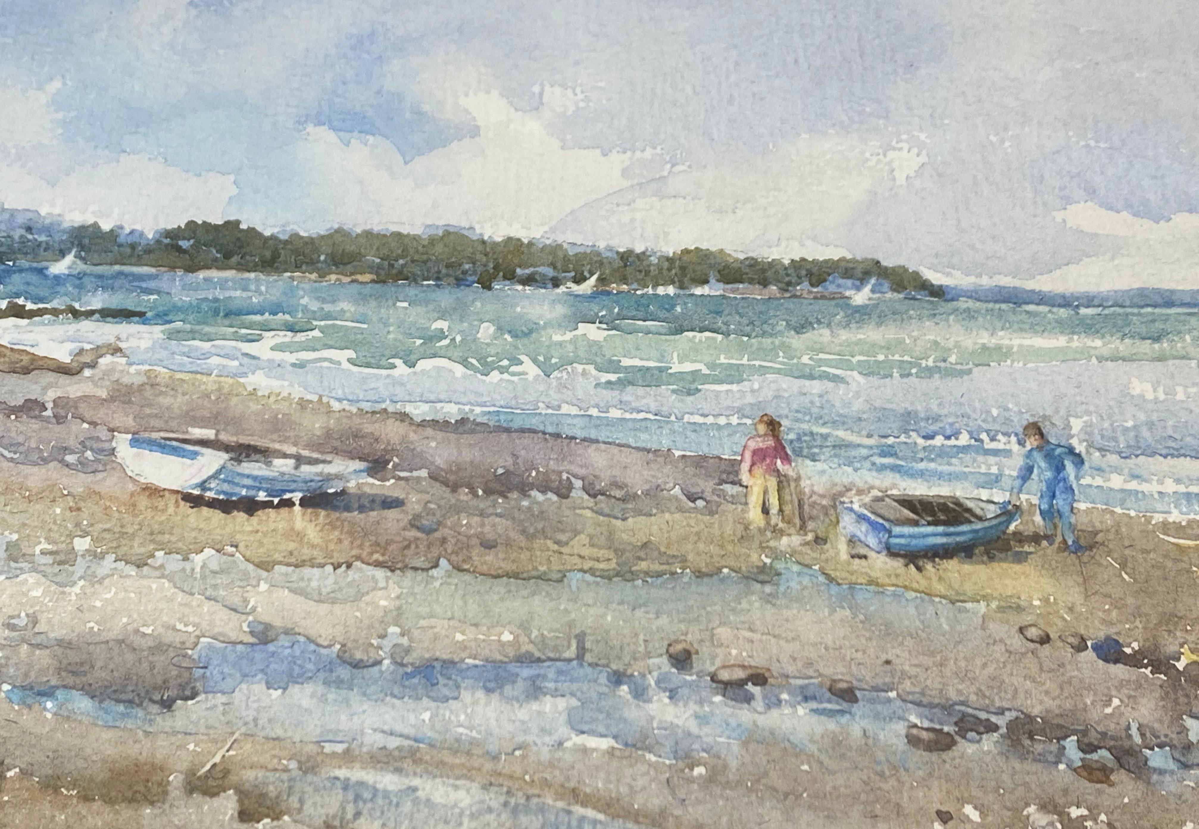 Kathleen Margaret England Low Tide W/ Figures and Boats Original Watercolor  3