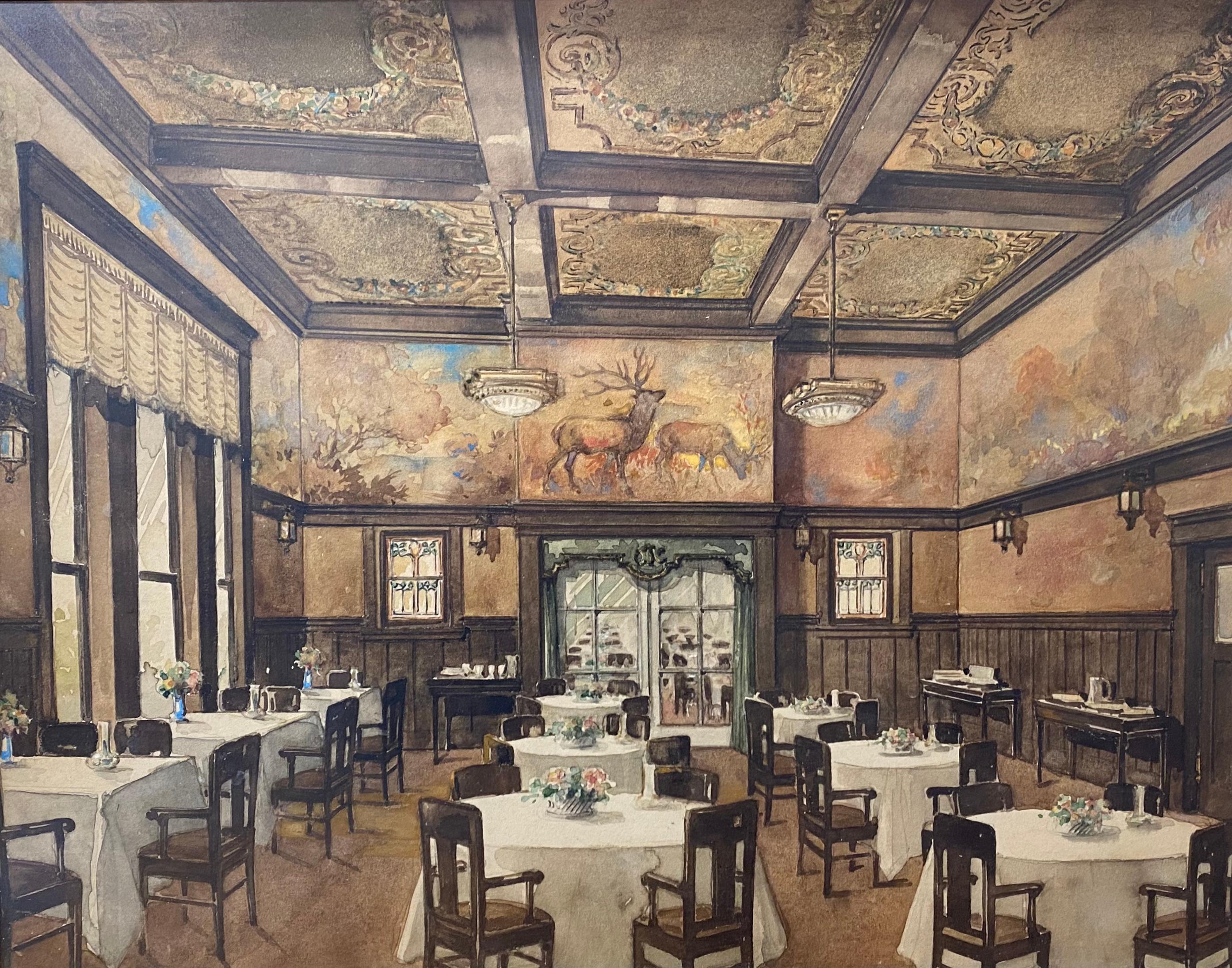 Exceptional Lodge Dining Room Interior Original Watercolor Early 20th C. - Painting by Unknown