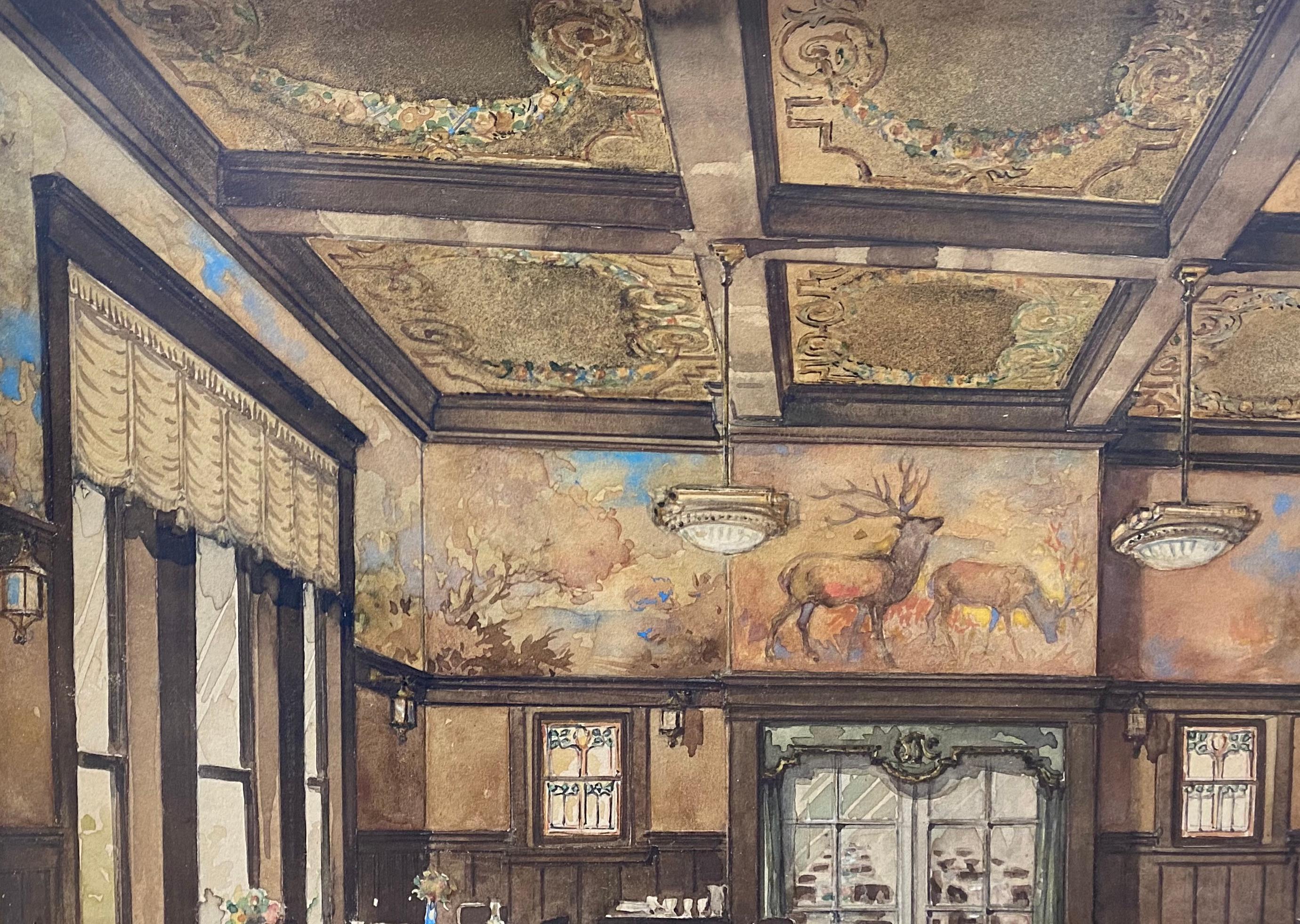 Exceptional Lodge Dining Room Interior Original Watercolor Early 20th C. - Brown Interior Painting by Unknown