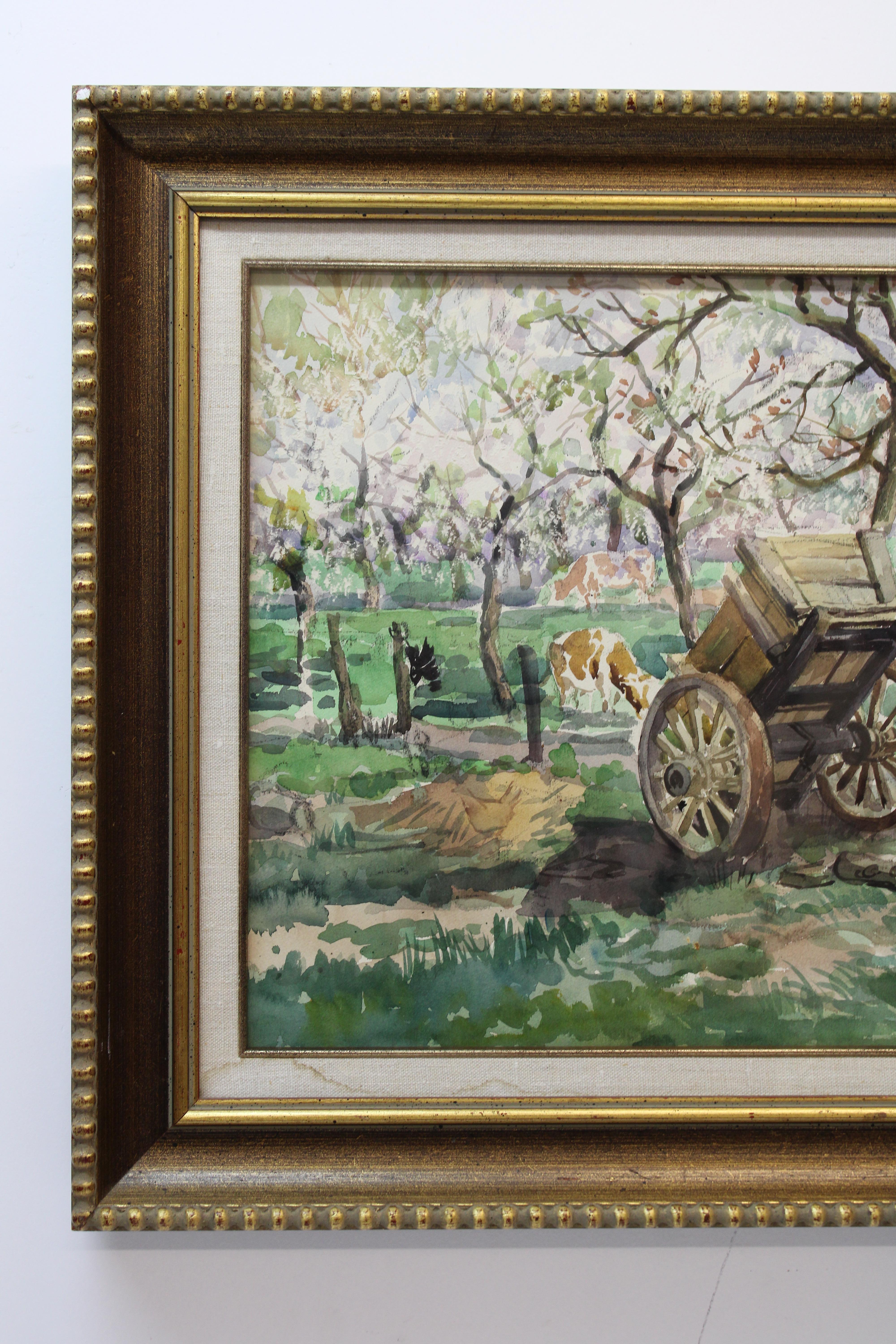 C. 20th Century

Adorable Watercolor of a Countryside Landscape w/ Wagon ( signed in lower right I can not make out )