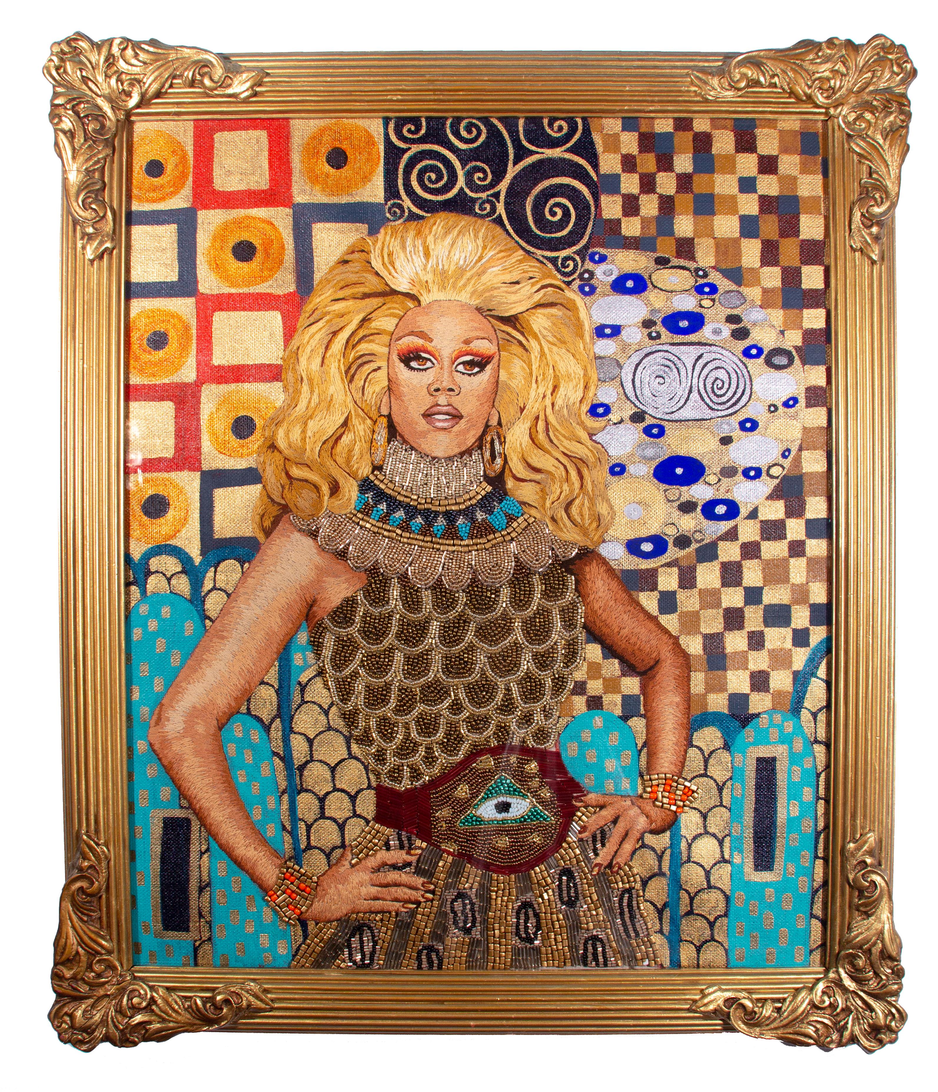 RuPaul in Gold, silk embroidery, beading and paint, framed - Mixed Media Art by Nicole O'Loughlin