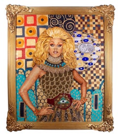 RuPaul in Gold, silk embroidery, beading and paint, framed