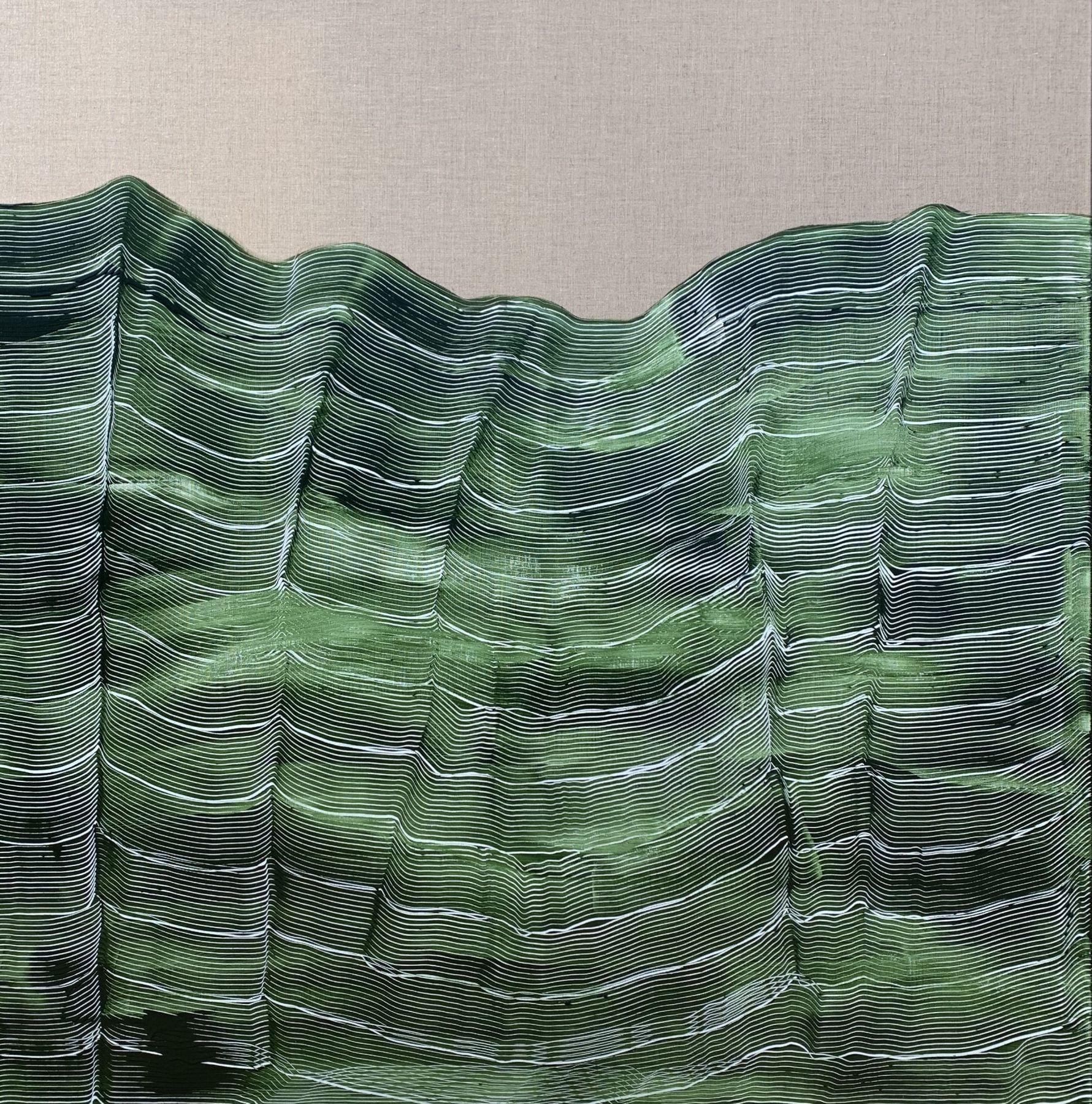 Maria José Benvenuto  Landscape Painting - 'Green strokes 2' by Maria Jose Benvenuto, unique contemporary painting on linen