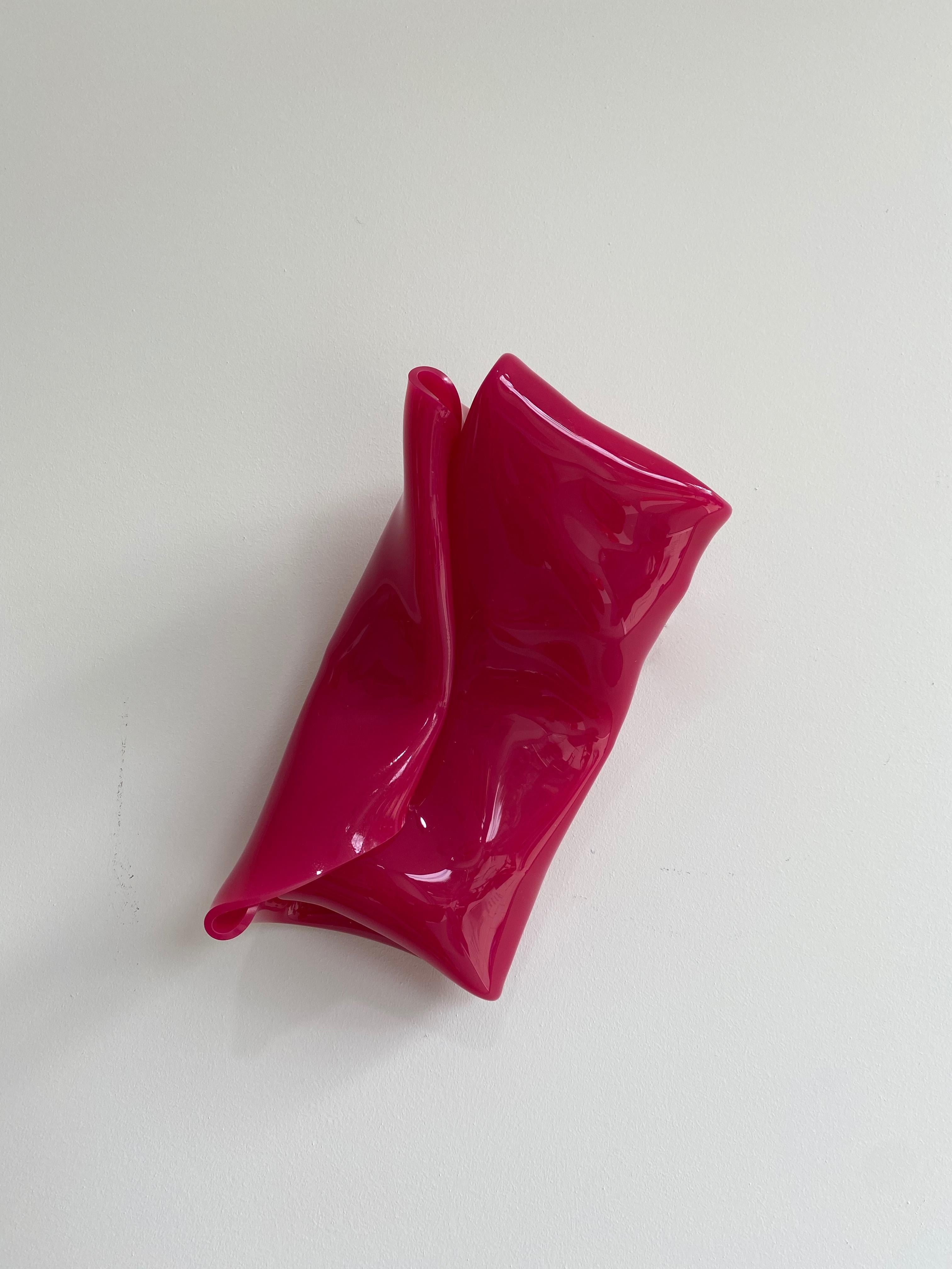 Anya Pesce Abstract Sculpture - 'Small Fuscia Parcel', Colourful bright abstract wall sculpture